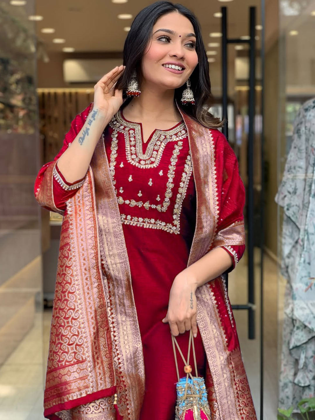 Women's Red Viscose Chanderi Embroidered Kurta Set with Elegant Jacquard Dupatta