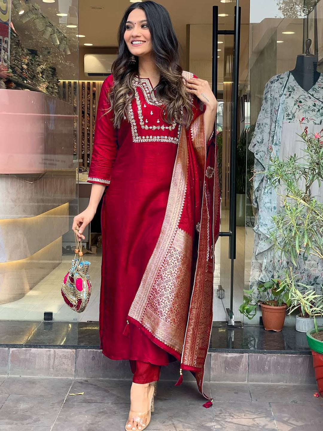 Women's Red Viscose Chanderi Embroidered Kurta Set with Elegant Jacquard Dupatta