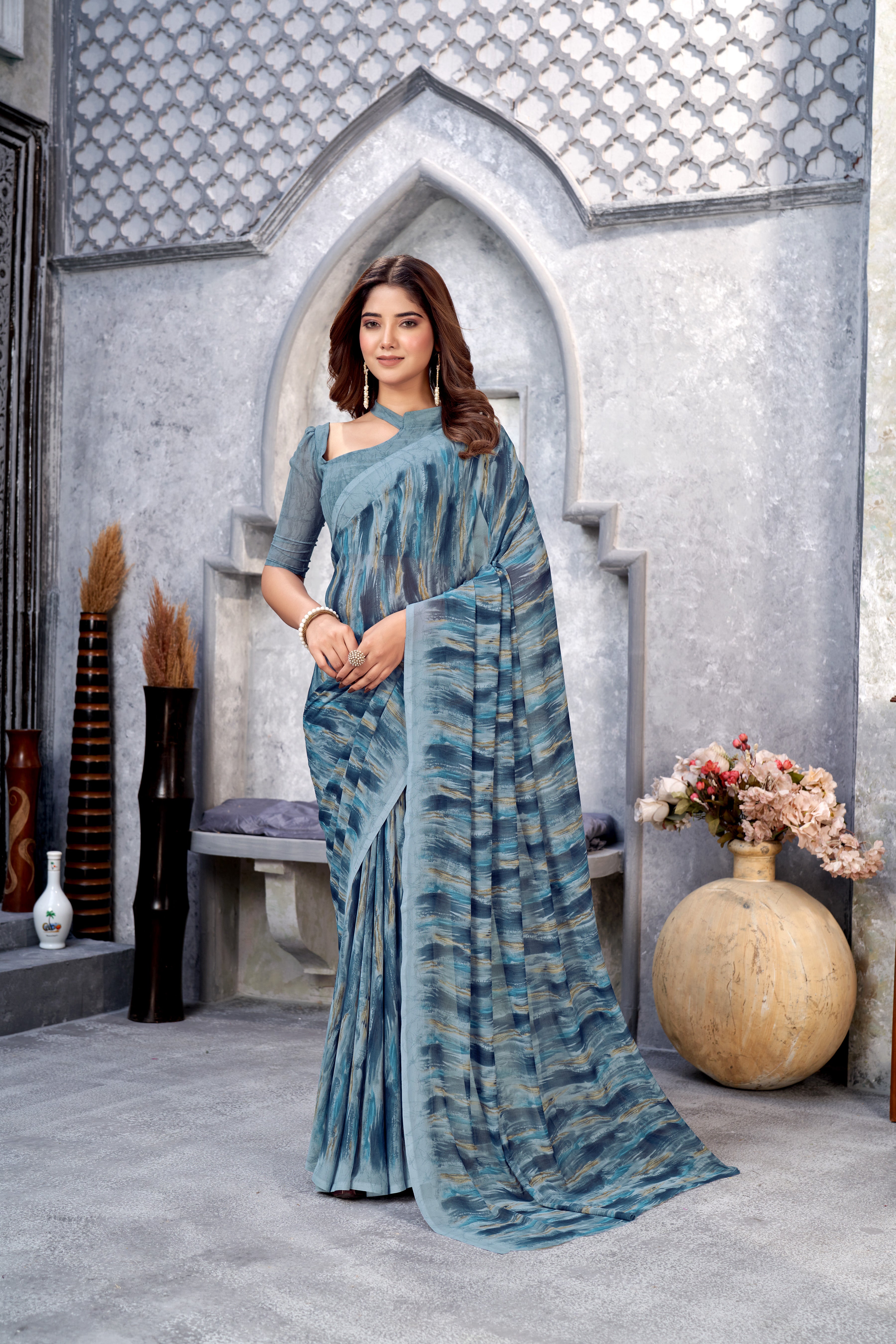 Grey Classic Printed Saree – Breathable Fabric with Eye-Catching Prints Petite Sarees