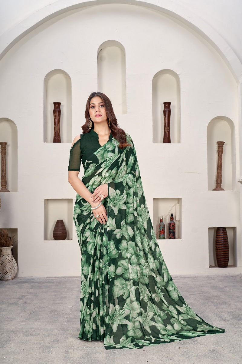 Green Classic Printed Saree – Breathable Fabric with Eye-Catching Prints Petite Sarees