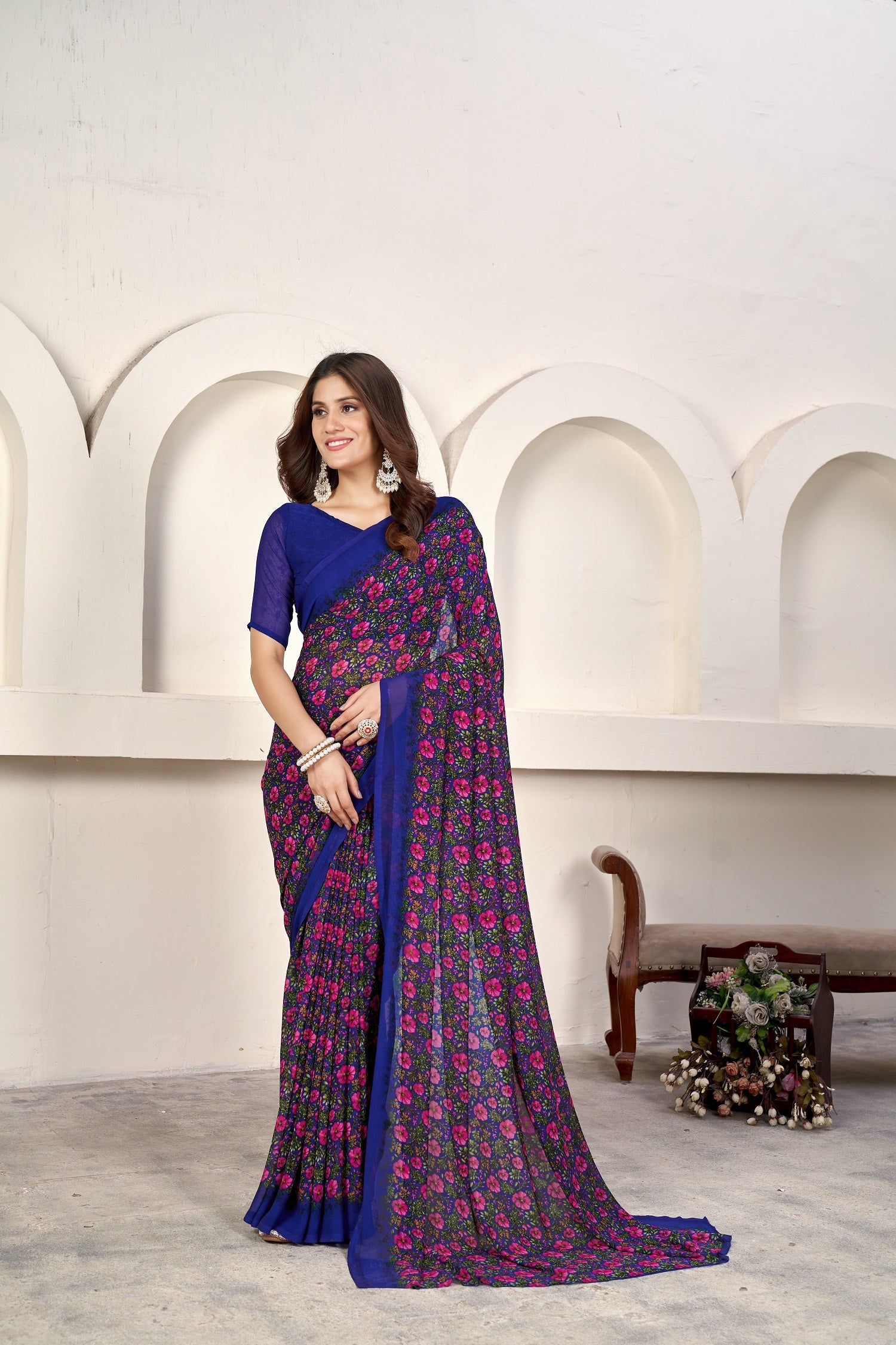 Blue  Classic Printed Saree – Breathable Fabric with Eye-Catching Prints Petite Sarees