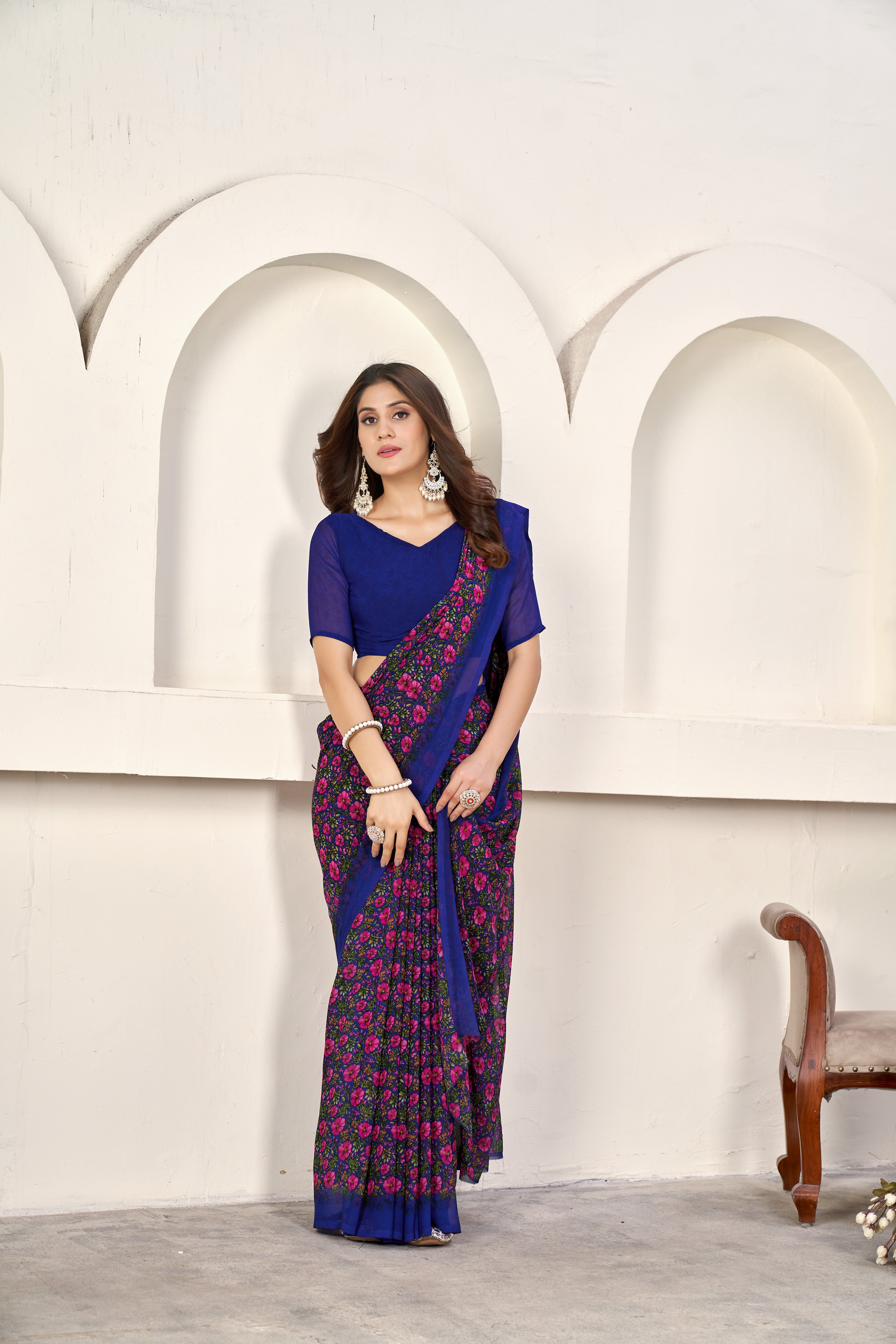 Blue  Classic Printed Saree – Breathable Fabric with Eye-Catching Prints Petite Sarees
