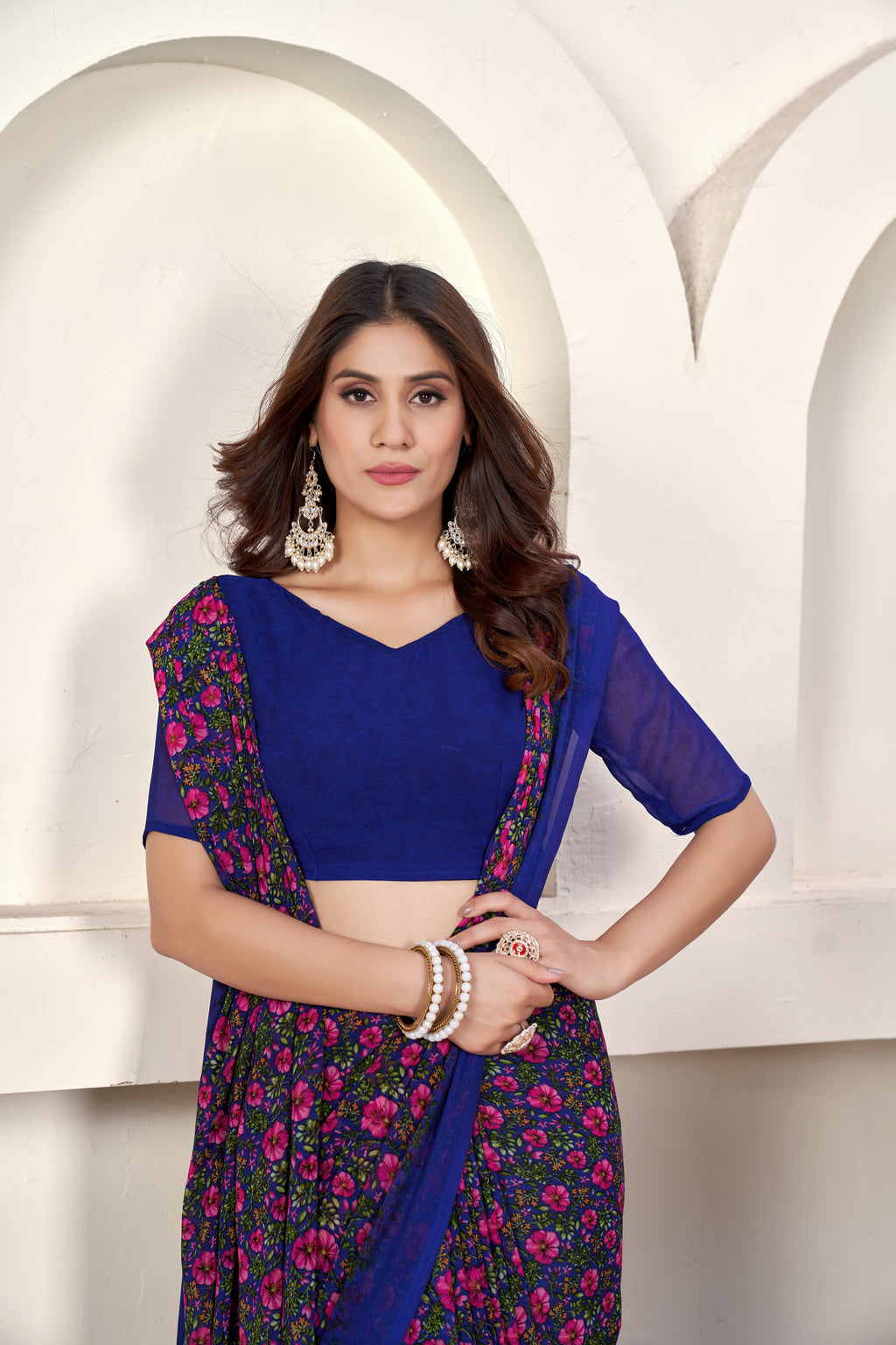 Blue  Classic Printed Saree – Breathable Fabric with Eye-Catching Prints Petite Sarees