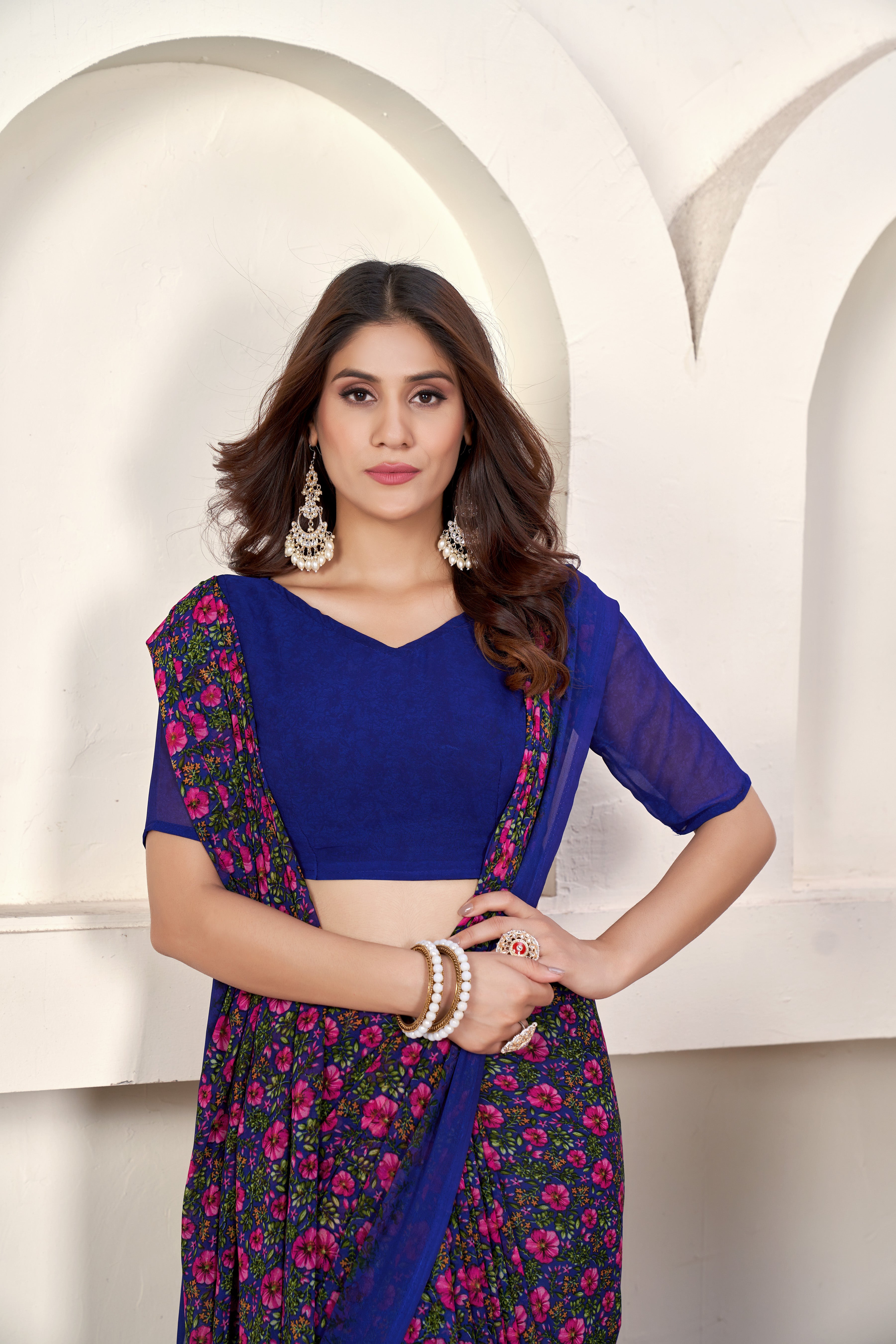 Blue  Classic Printed Saree – Breathable Fabric with Eye-Catching Prints Petite Sarees