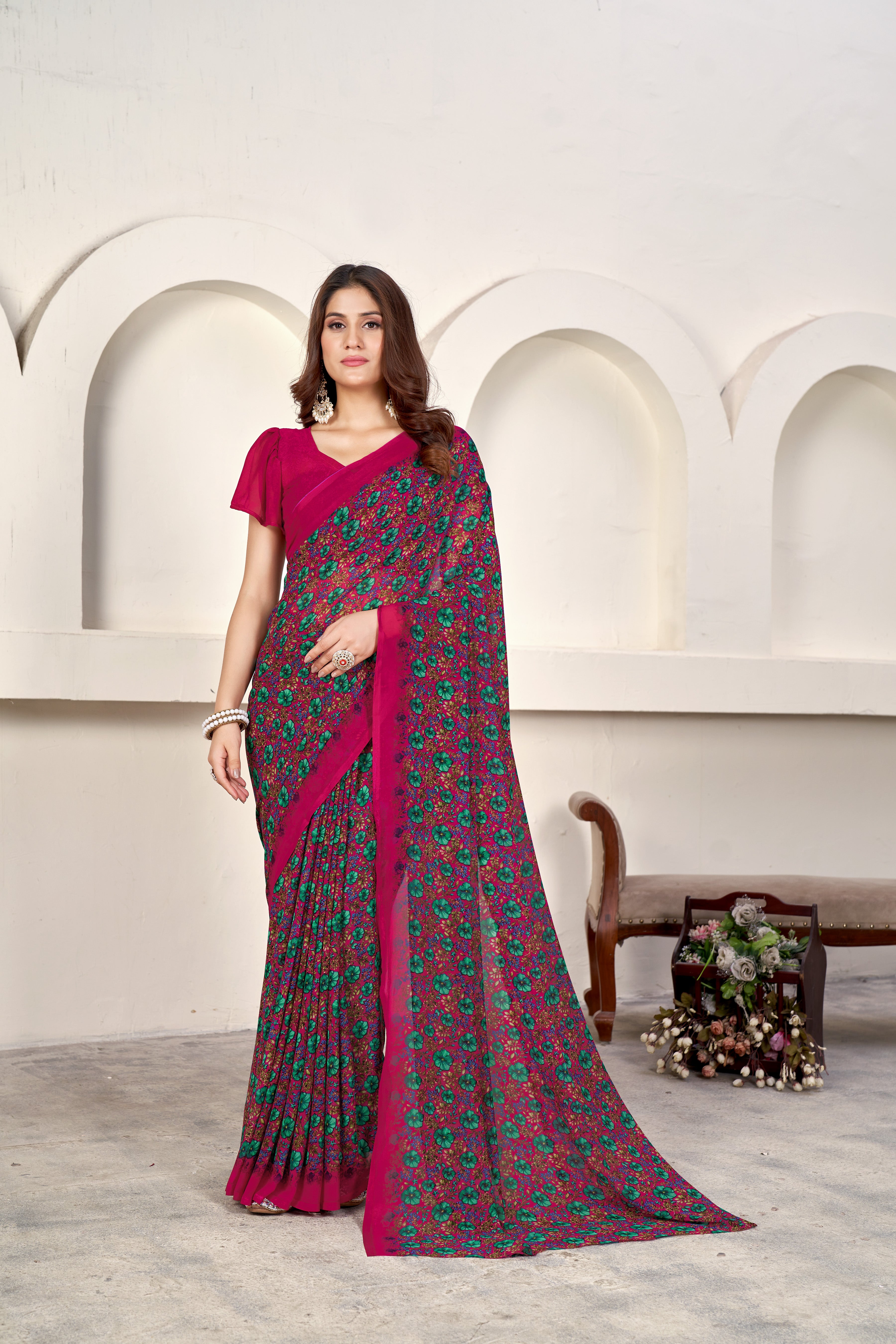 Dark Pink Classic Printed Saree – Breathable Fabric with Eye-Catching Prints Petite Sarees