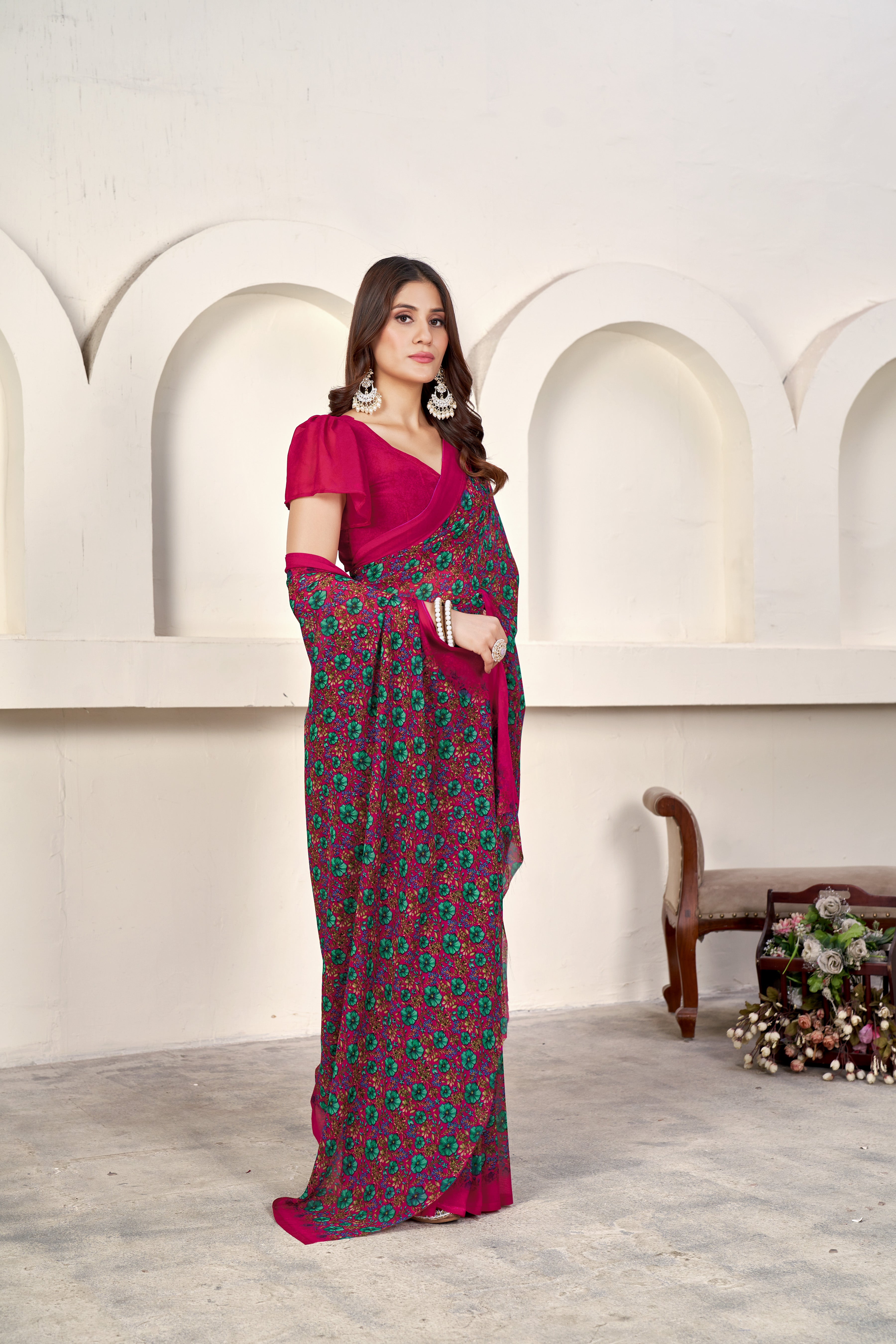 Dark Pink Classic Printed Saree – Breathable Fabric with Eye-Catching Prints Petite Sarees