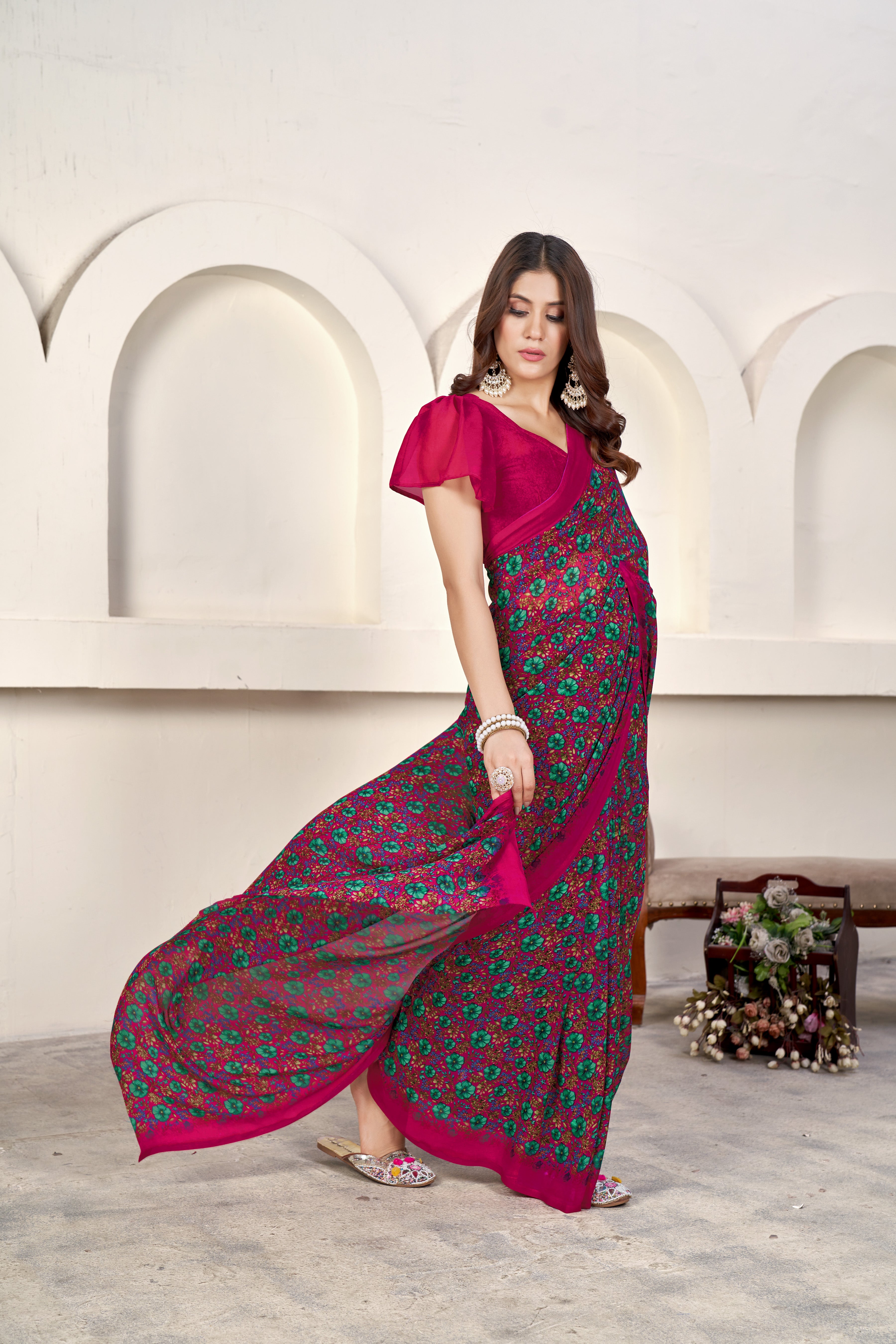 Dark Pink Classic Printed Saree – Breathable Fabric with Eye-Catching Prints Petite Sarees
