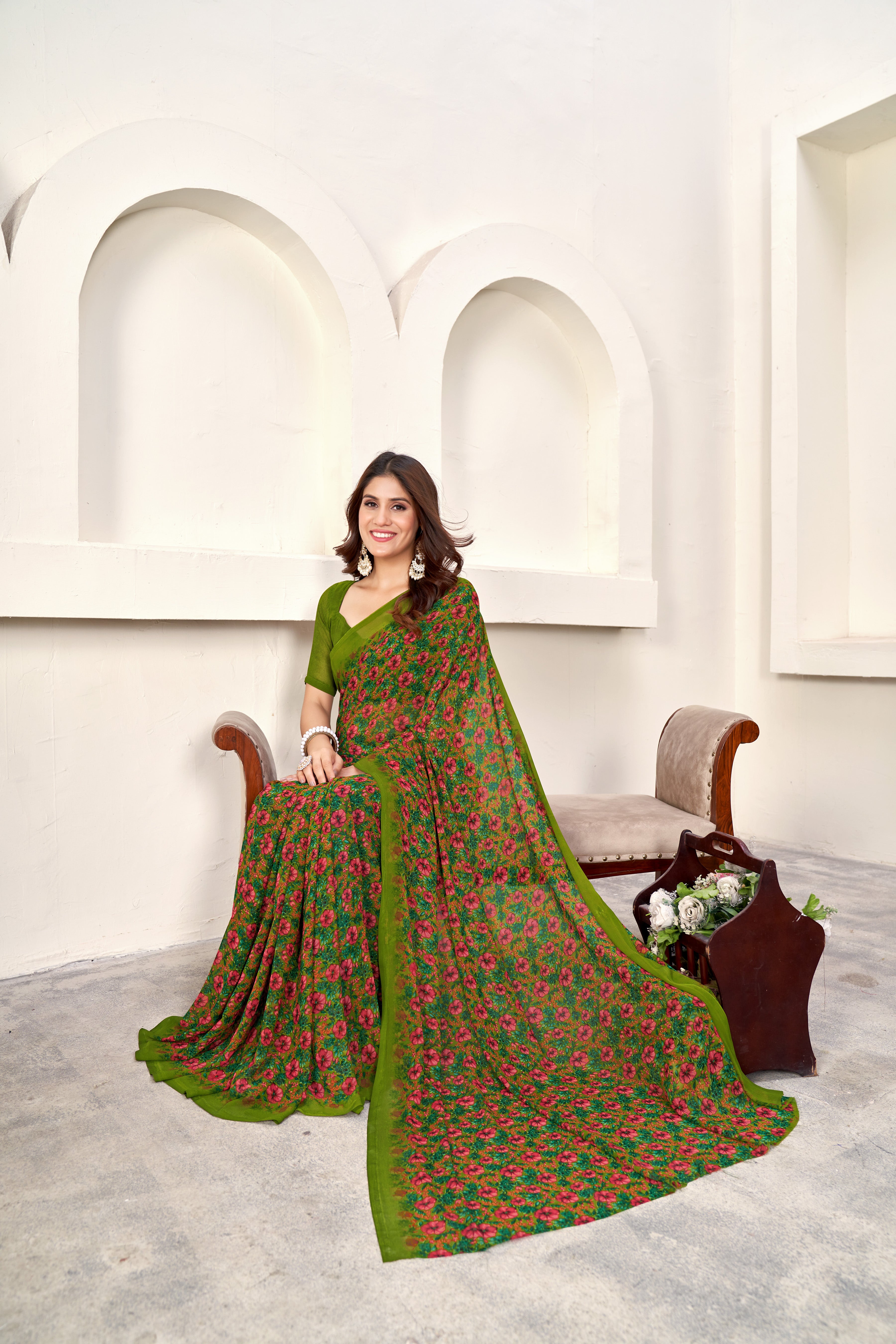 Green Classic Printed Saree – Breathable Fabric with Eye-Catching Prints Petite Sarees