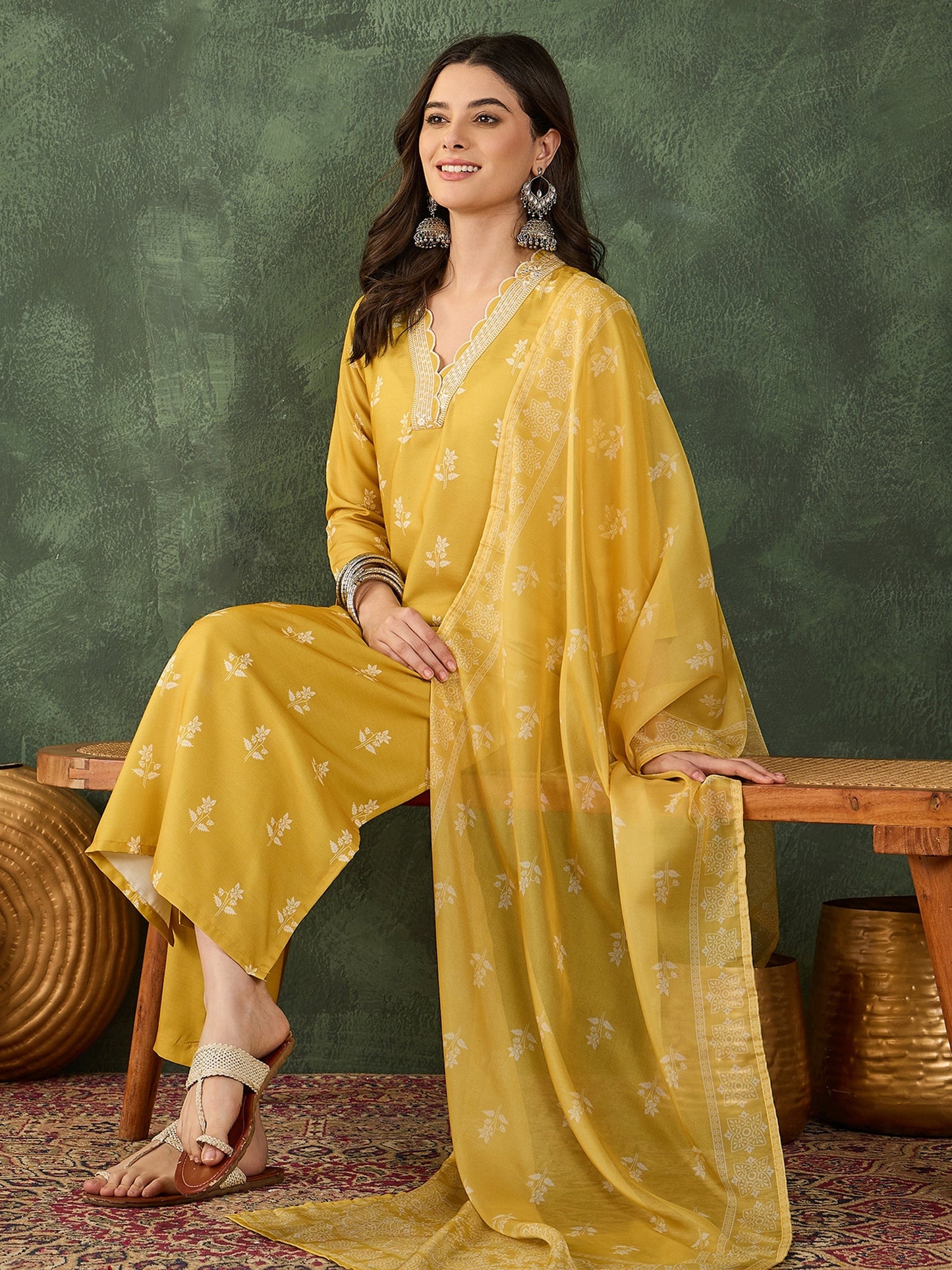 Yellow Printed Kurta Set with Dupatta