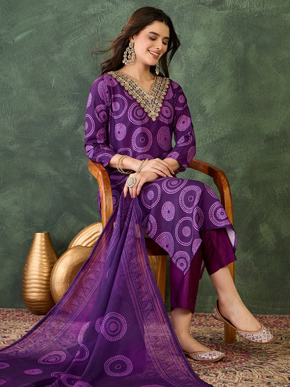 Purple Printed Kurta Set with Dupatta