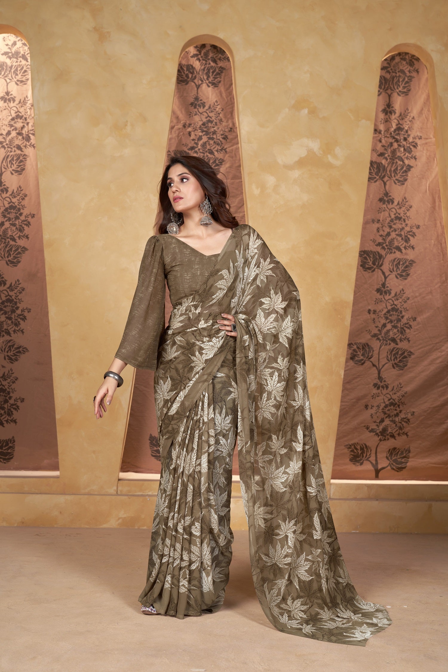 Brown Classic Printed Saree – Breathable Fabric with Eye-Catching Prints Petite Sarees