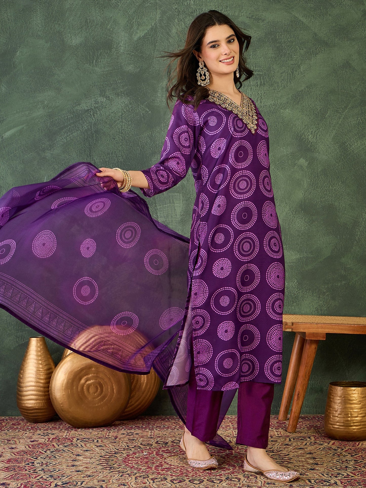 Purple Printed Kurta Set with Dupatta