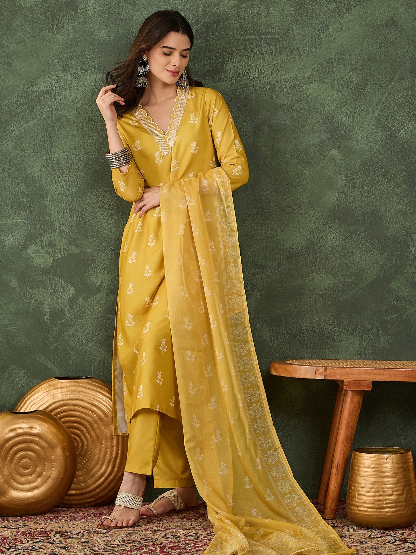 Yellow Printed Kurta Set with Dupatta