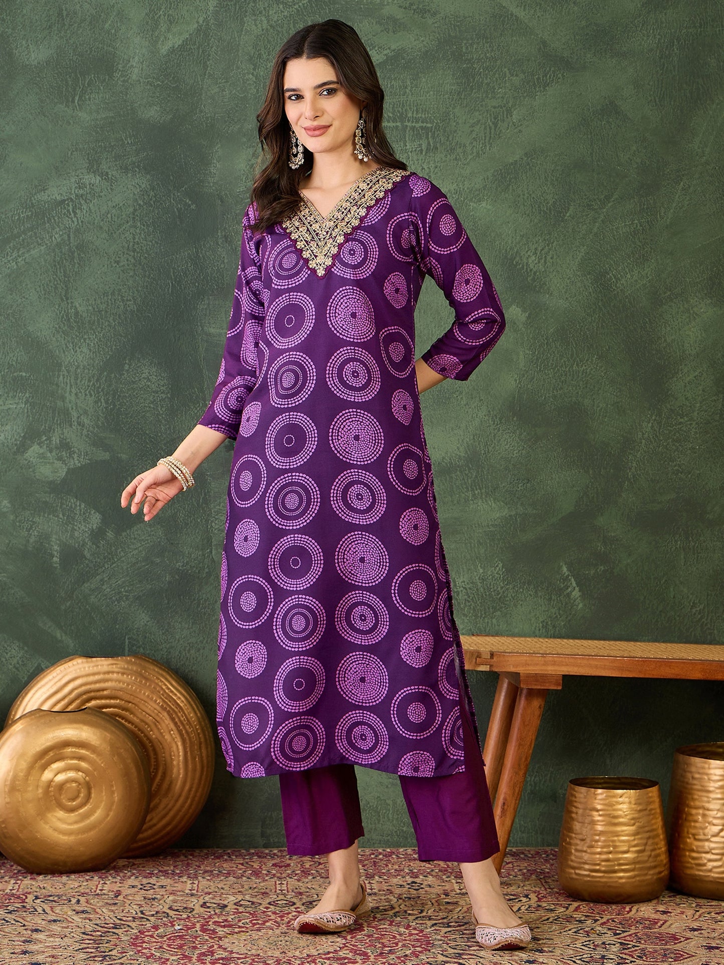 Purple Printed Kurta Set with Dupatta