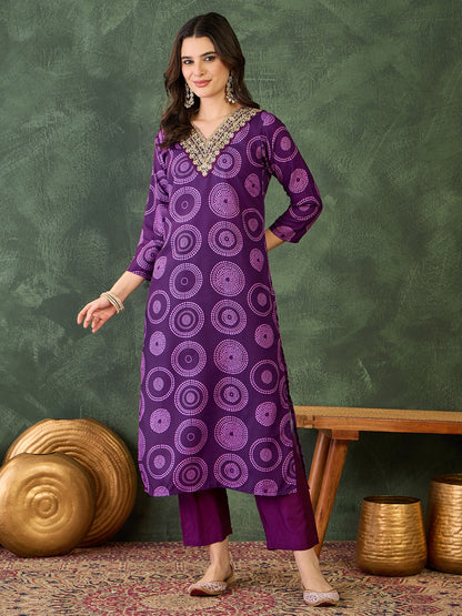 Purple Printed Kurta Set with Dupatta
