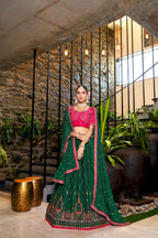 Green Heavy Chinon Crushed Embroidery Semi Stitch Lehenga Choli