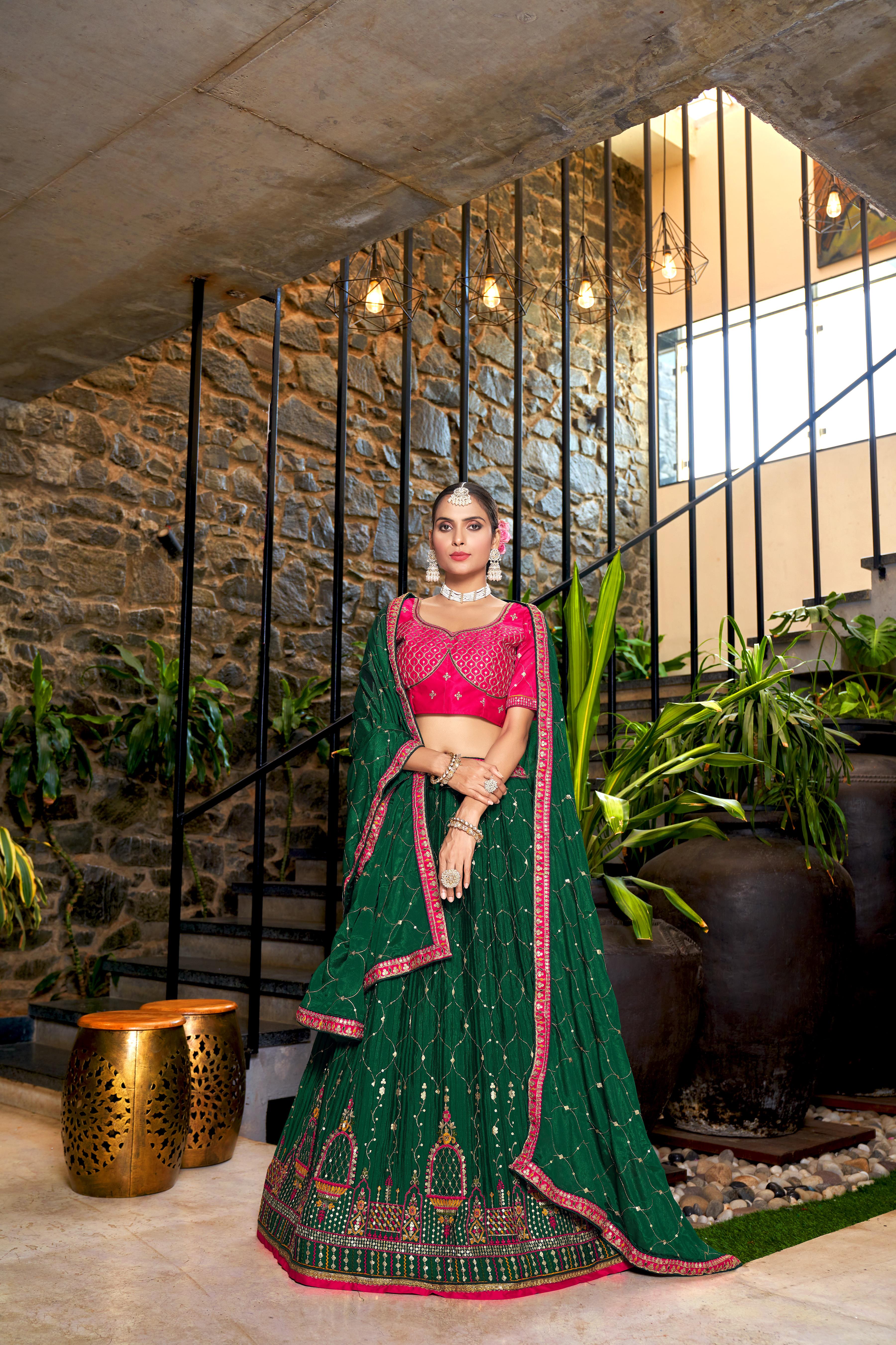 Green Heavy Chinon Crushed Embroidery Semi Stitch Lehenga Choli