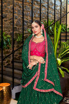 Green Heavy Chinon Crushed Embroidery Semi Stitch Lehenga Choli