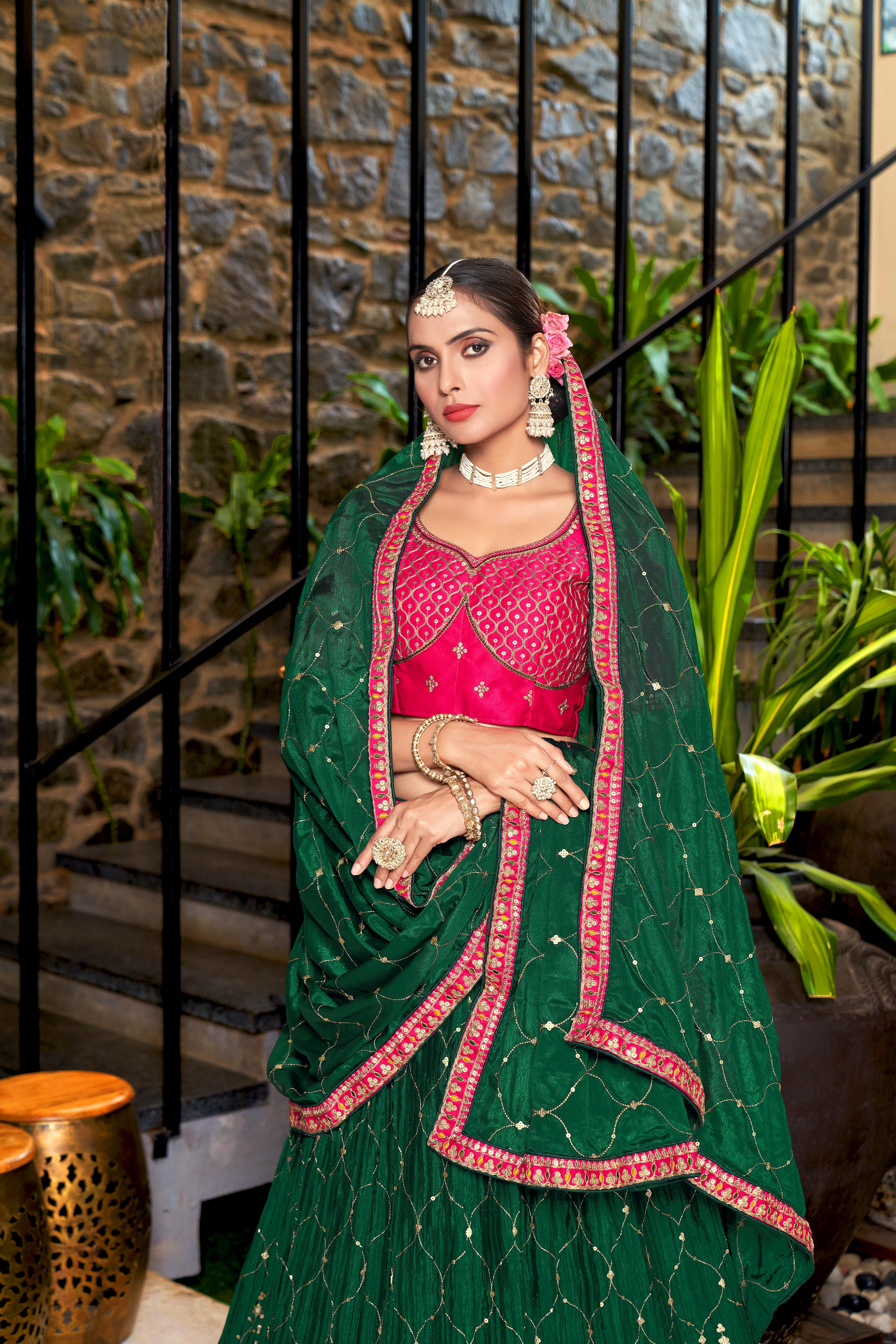 Green Heavy Chinon Crushed Embroidery Semi Stitch Lehenga Choli