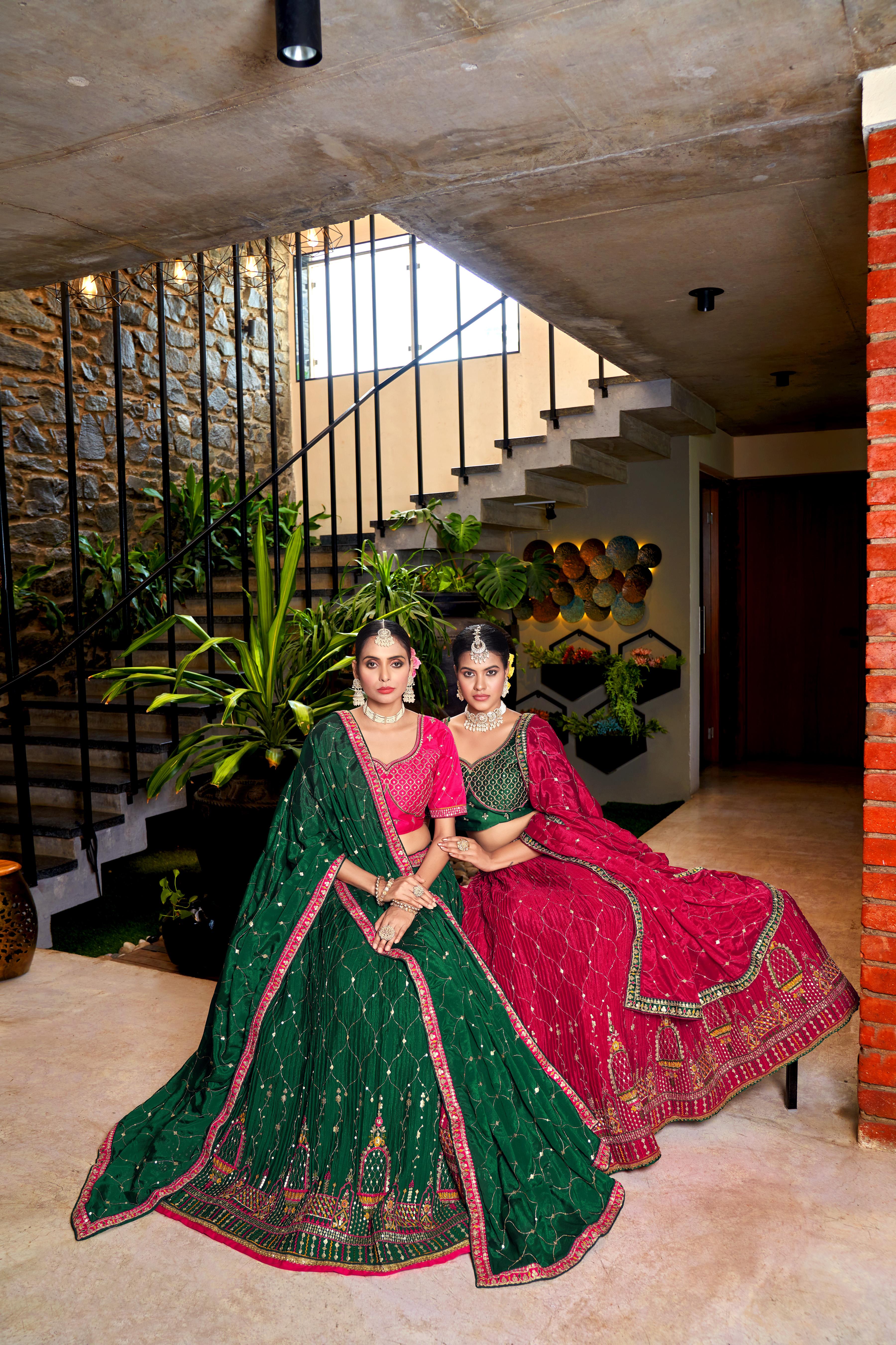 Green Heavy Chinon Crushed Embroidery Semi Stitch Lehenga Choli