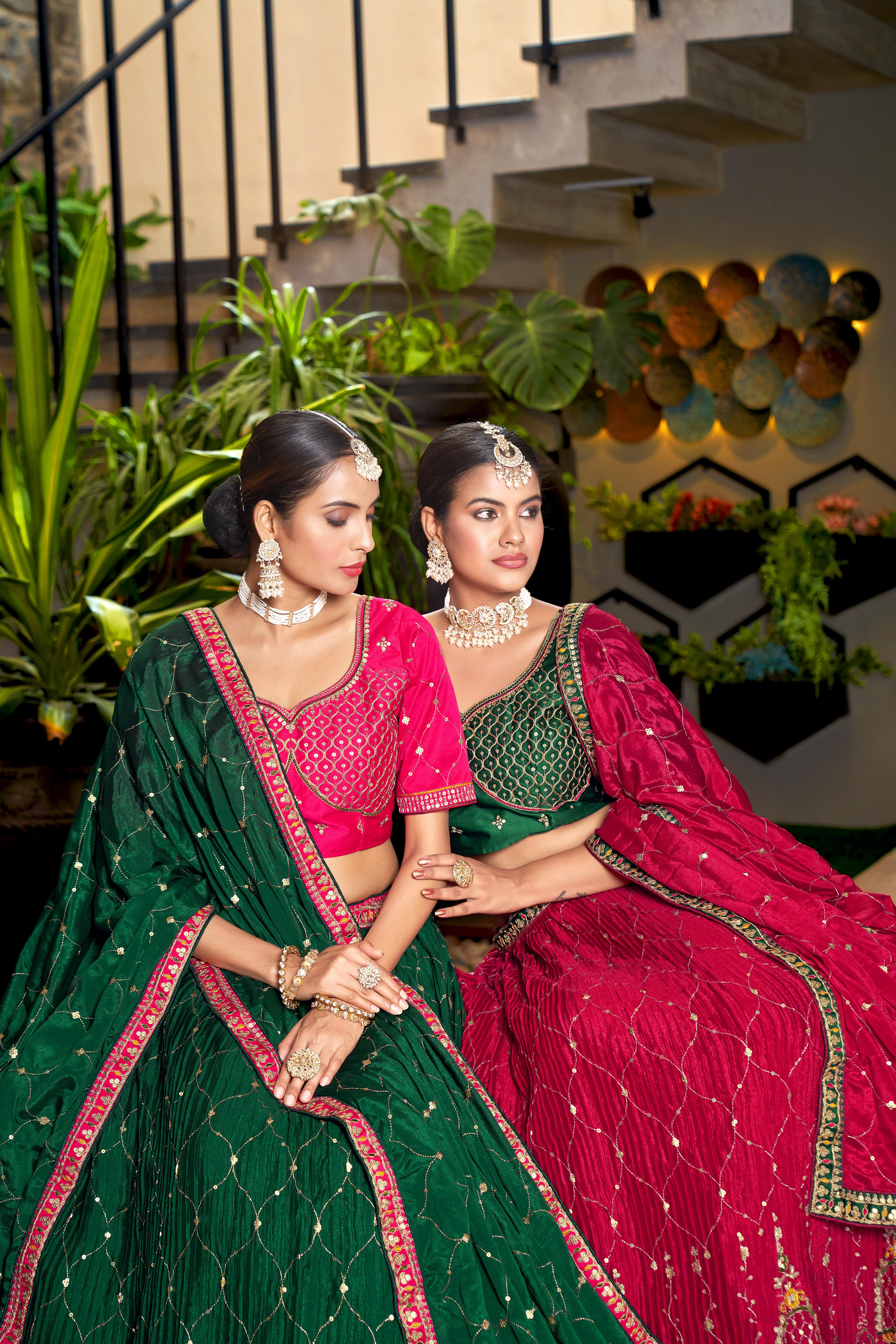 Green Heavy Chinon Crushed Embroidery Semi Stitch Lehenga Choli