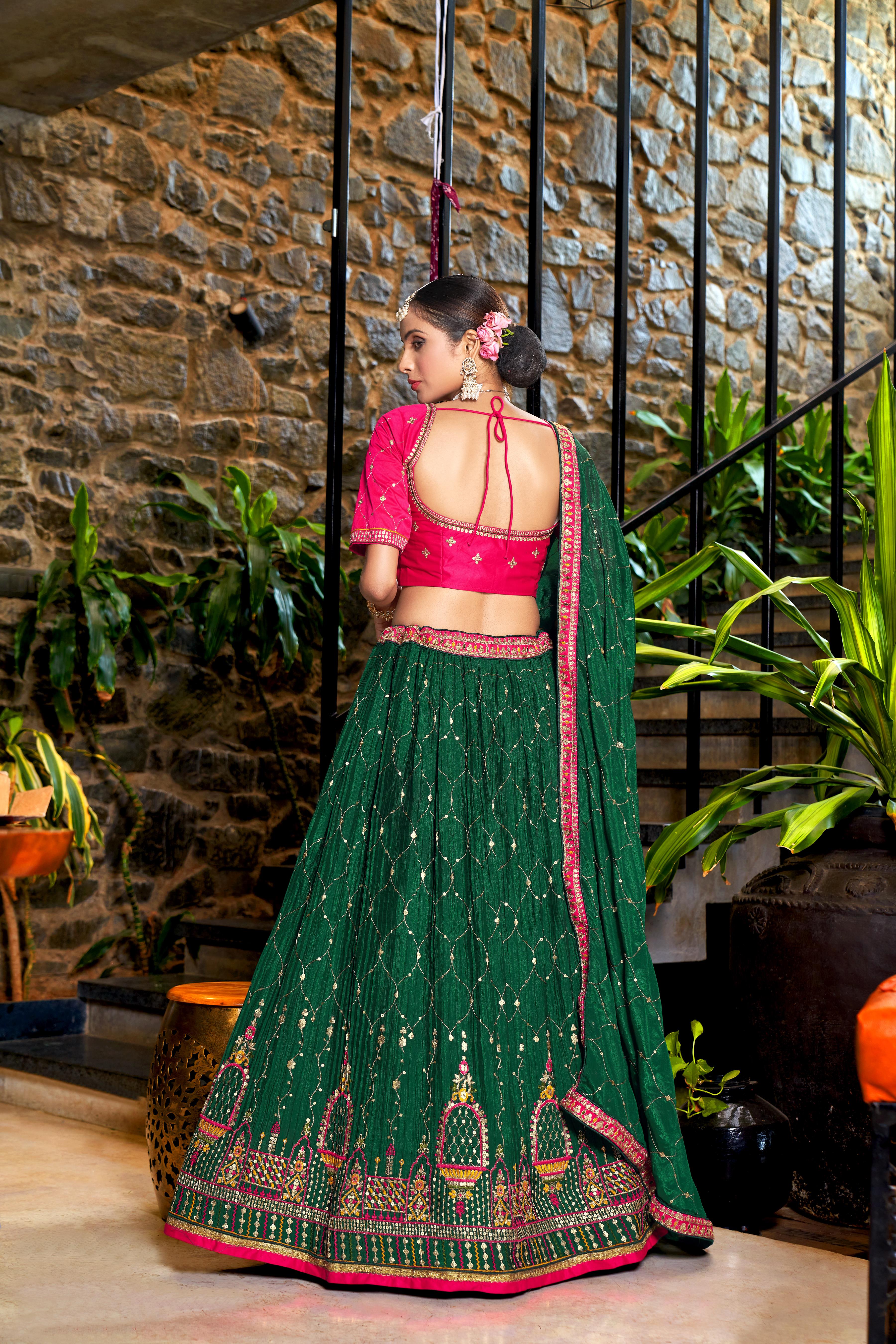 Green Heavy Chinon Crushed Embroidery Semi Stitch Lehenga Choli