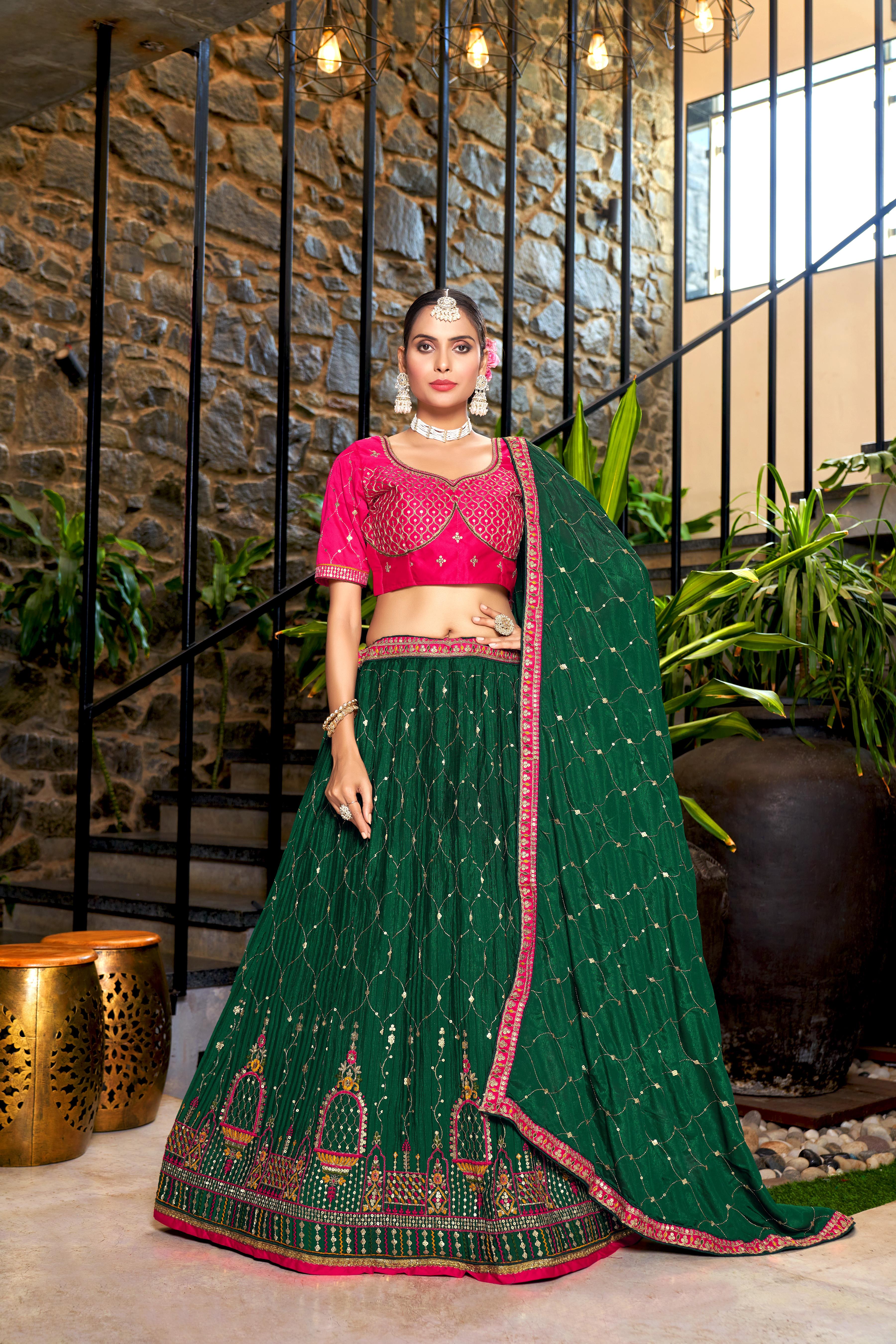 Green Heavy Chinon Crushed Embroidery Semi Stitch Lehenga Choli