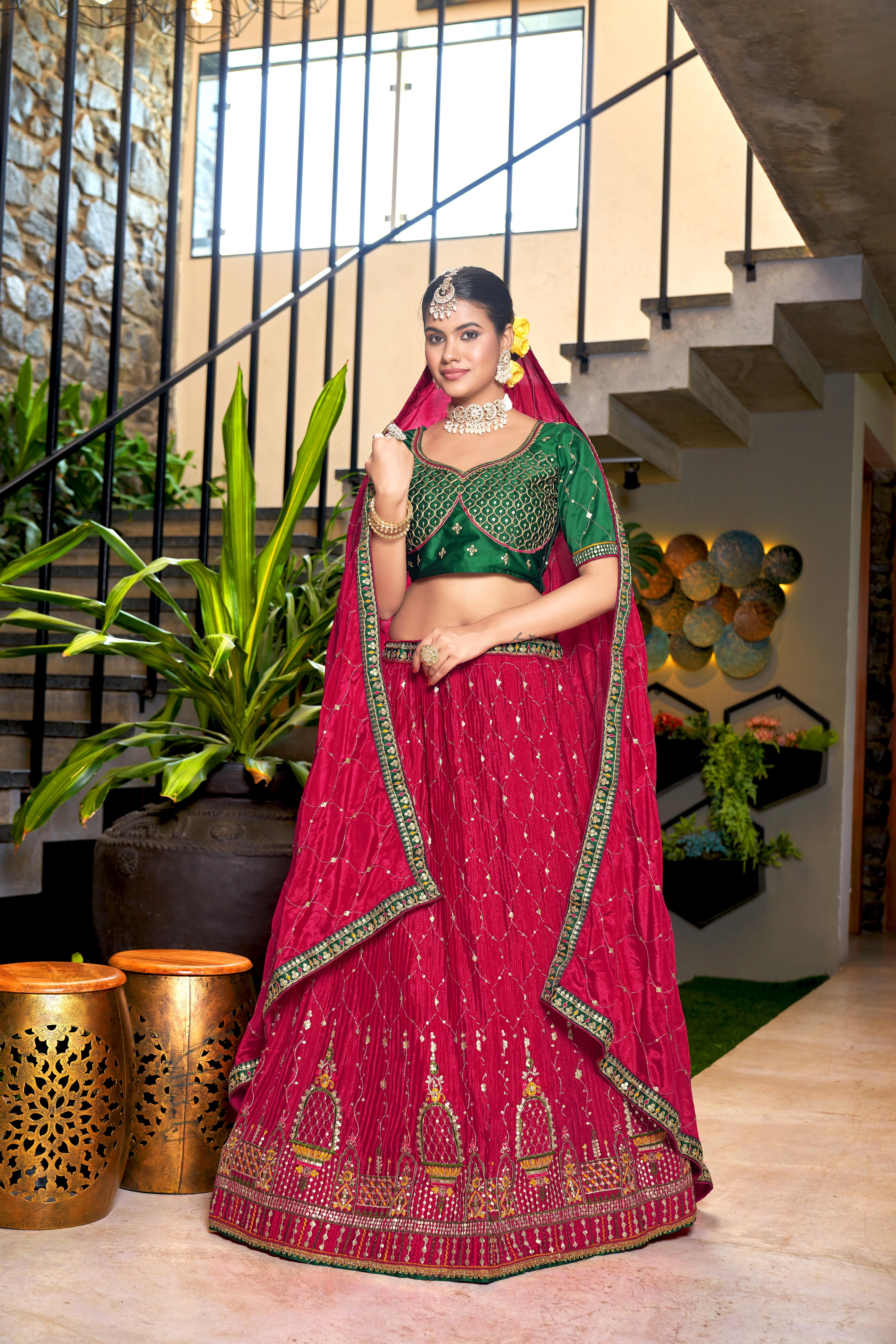 Rani Pink Heavy Chinon Crushed Embroidery Semi Stitch Lehenga Choli