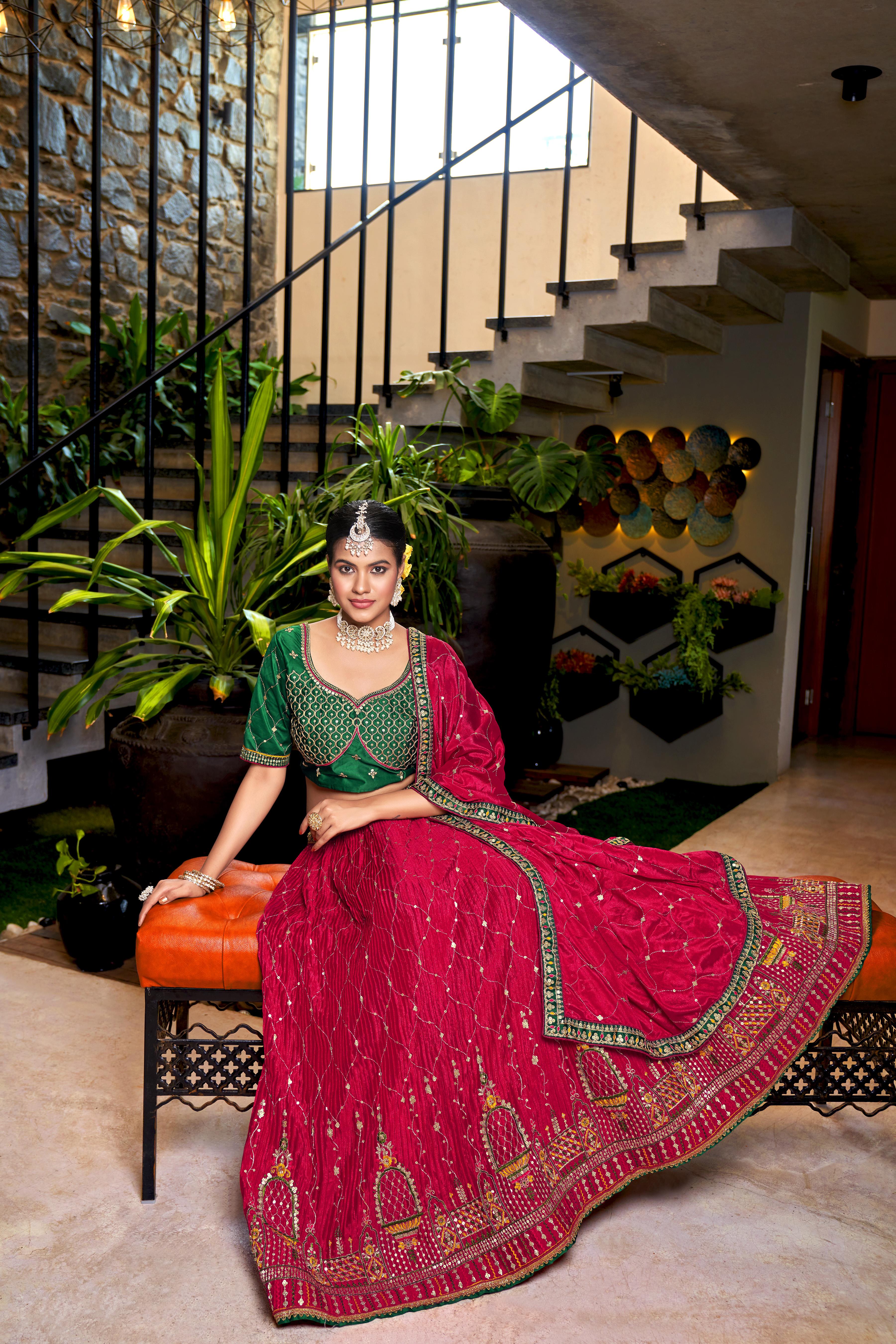Rani Pink Heavy Chinon Crushed Embroidery Semi Stitch Lehenga Choli