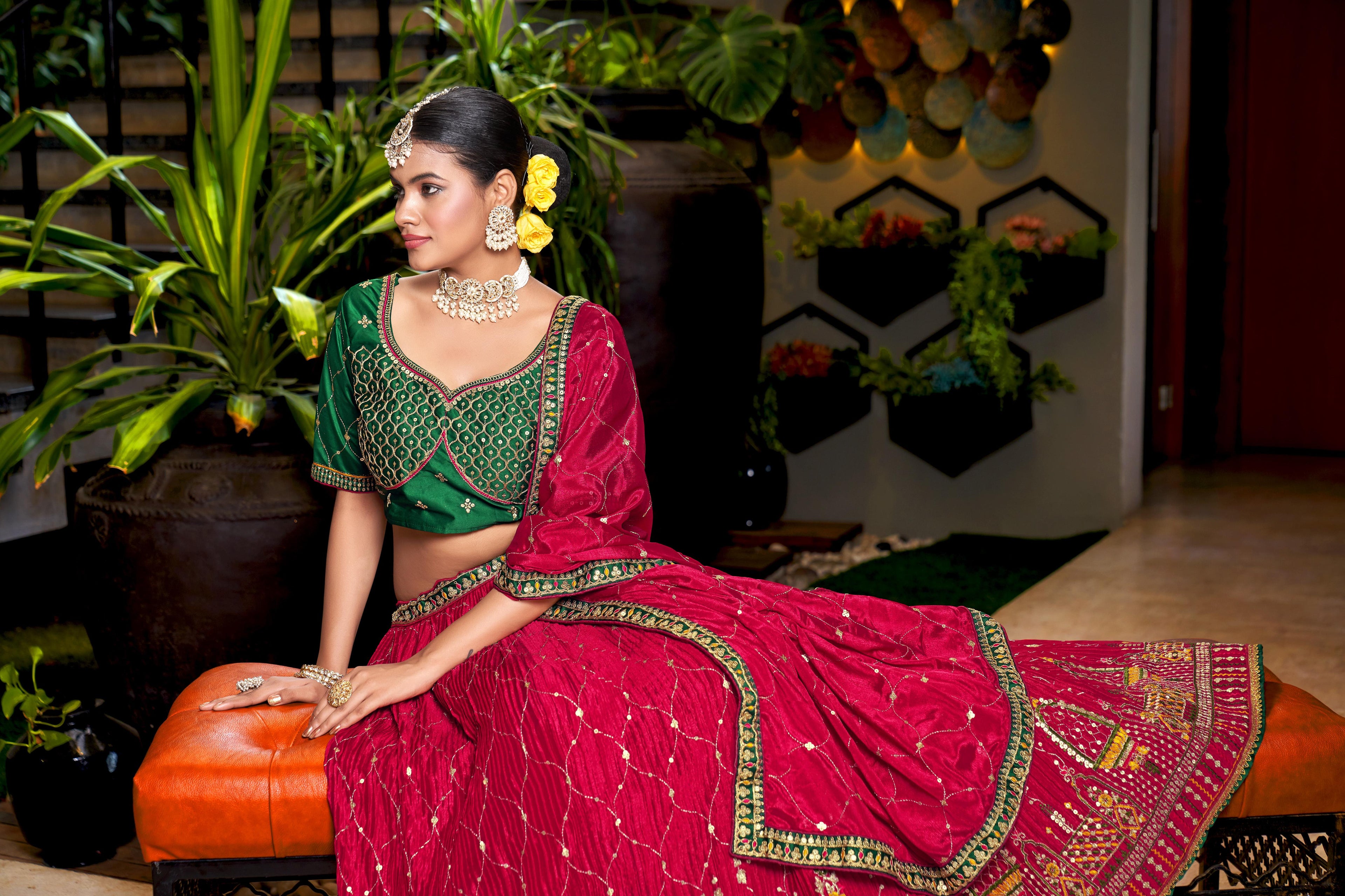 Rani Pink Heavy Chinon Crushed Embroidery Semi Stitch Lehenga Choli