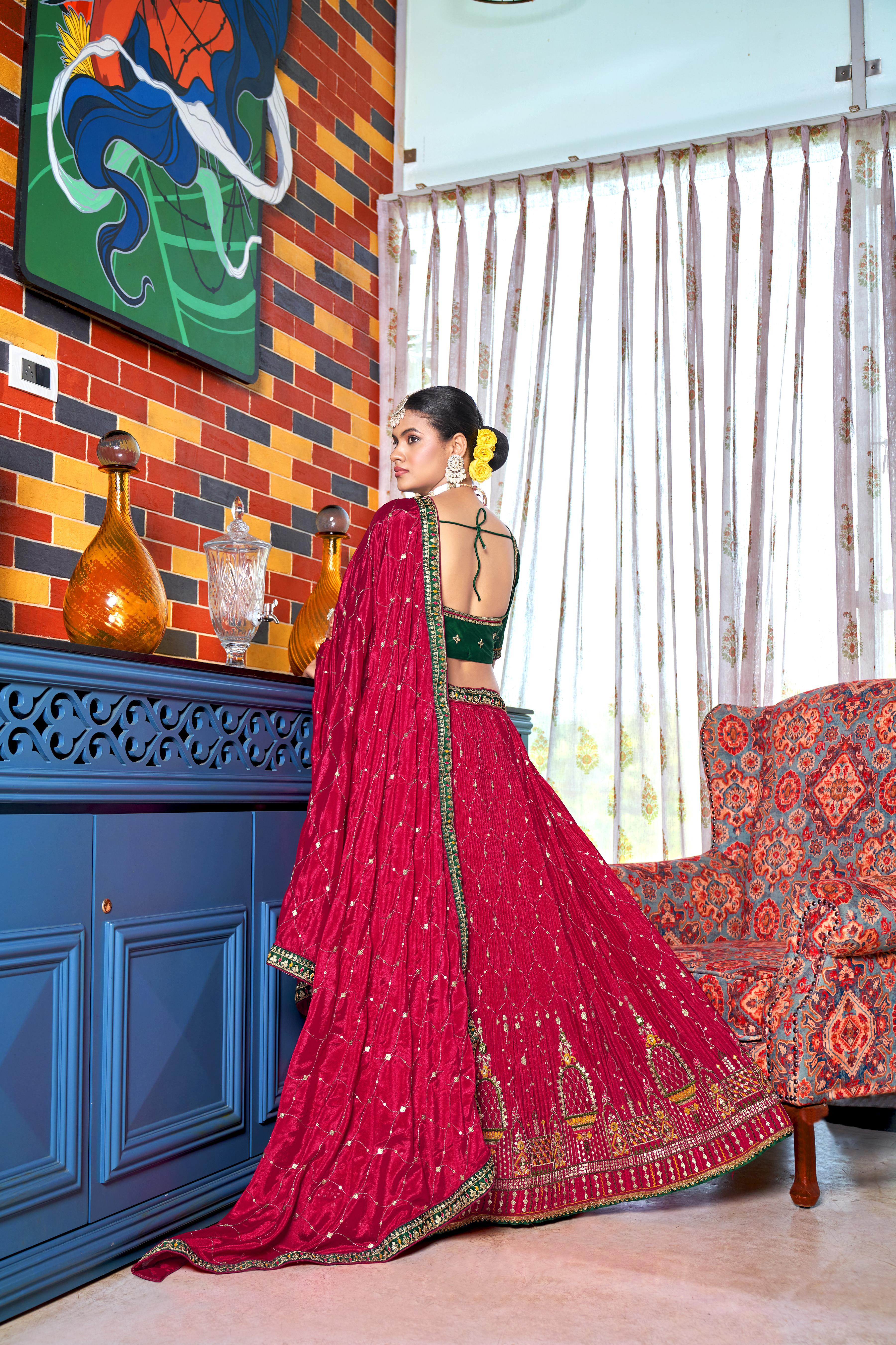 Rani Pink Heavy Chinon Crushed Embroidery Semi Stitch Lehenga Choli