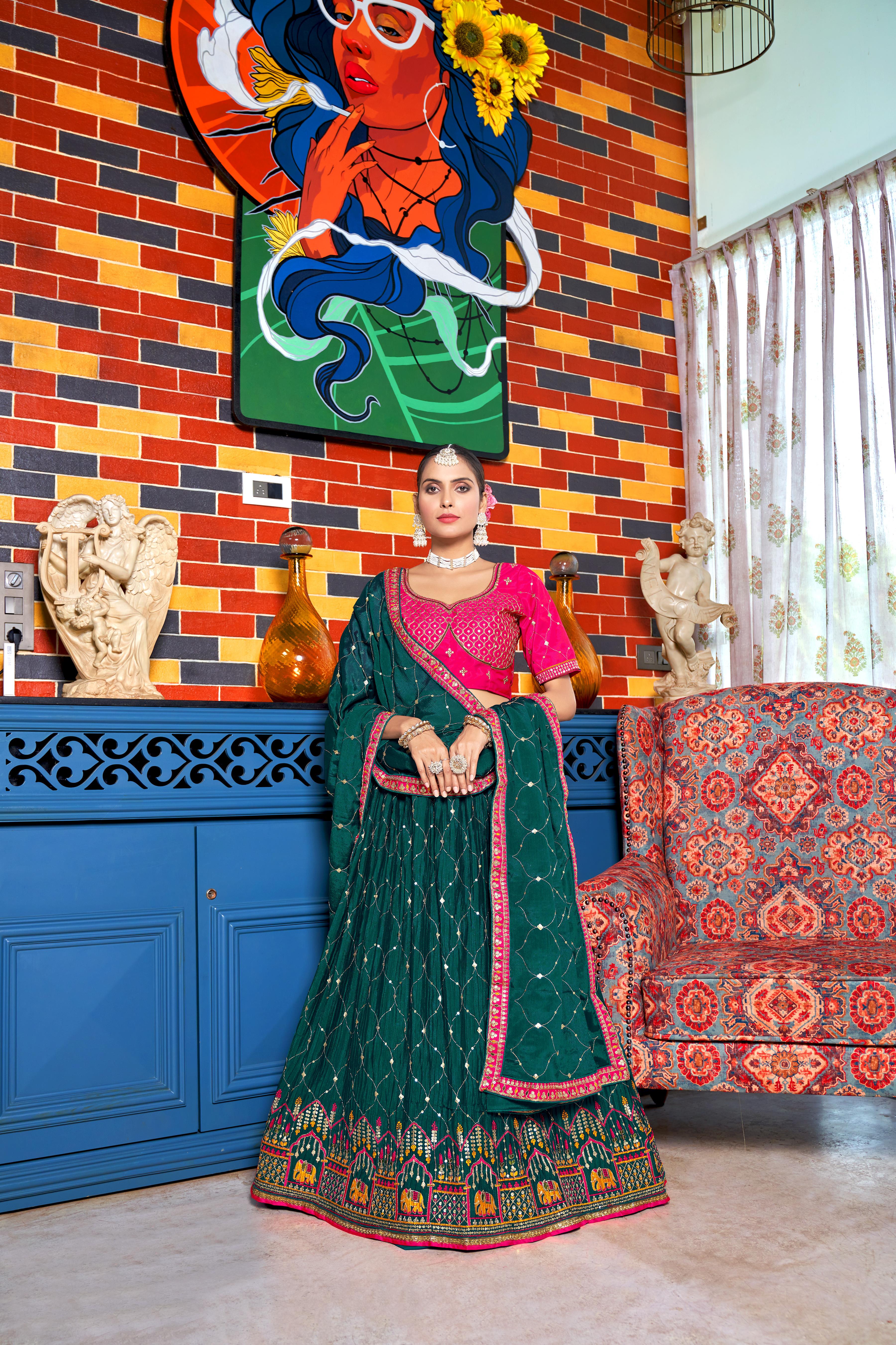 Rama Heavy Chinon Crushed Embroidery Semi Stitch Lehenga Choli