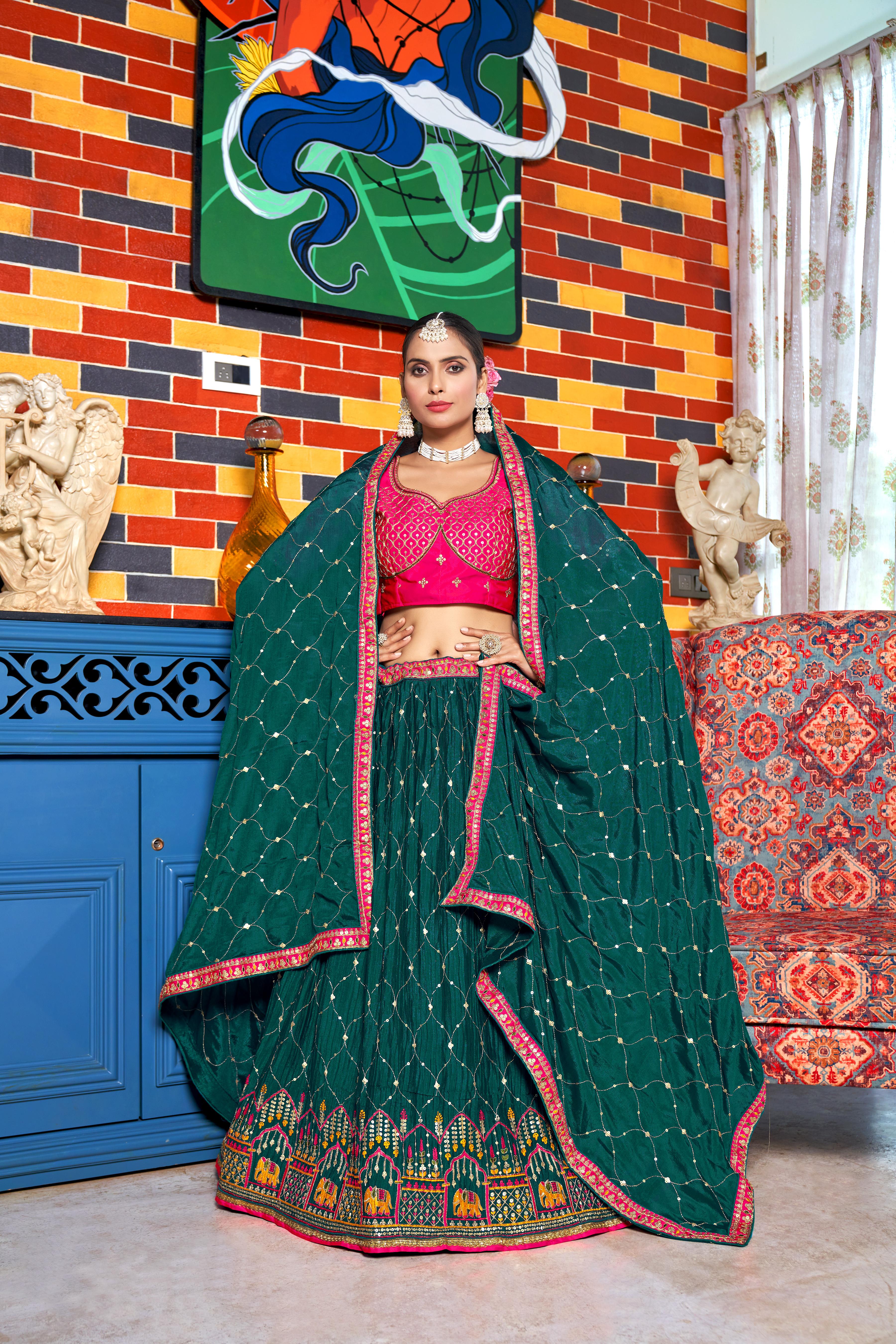 Rama Heavy Chinon Crushed Embroidery Semi Stitch Lehenga Choli