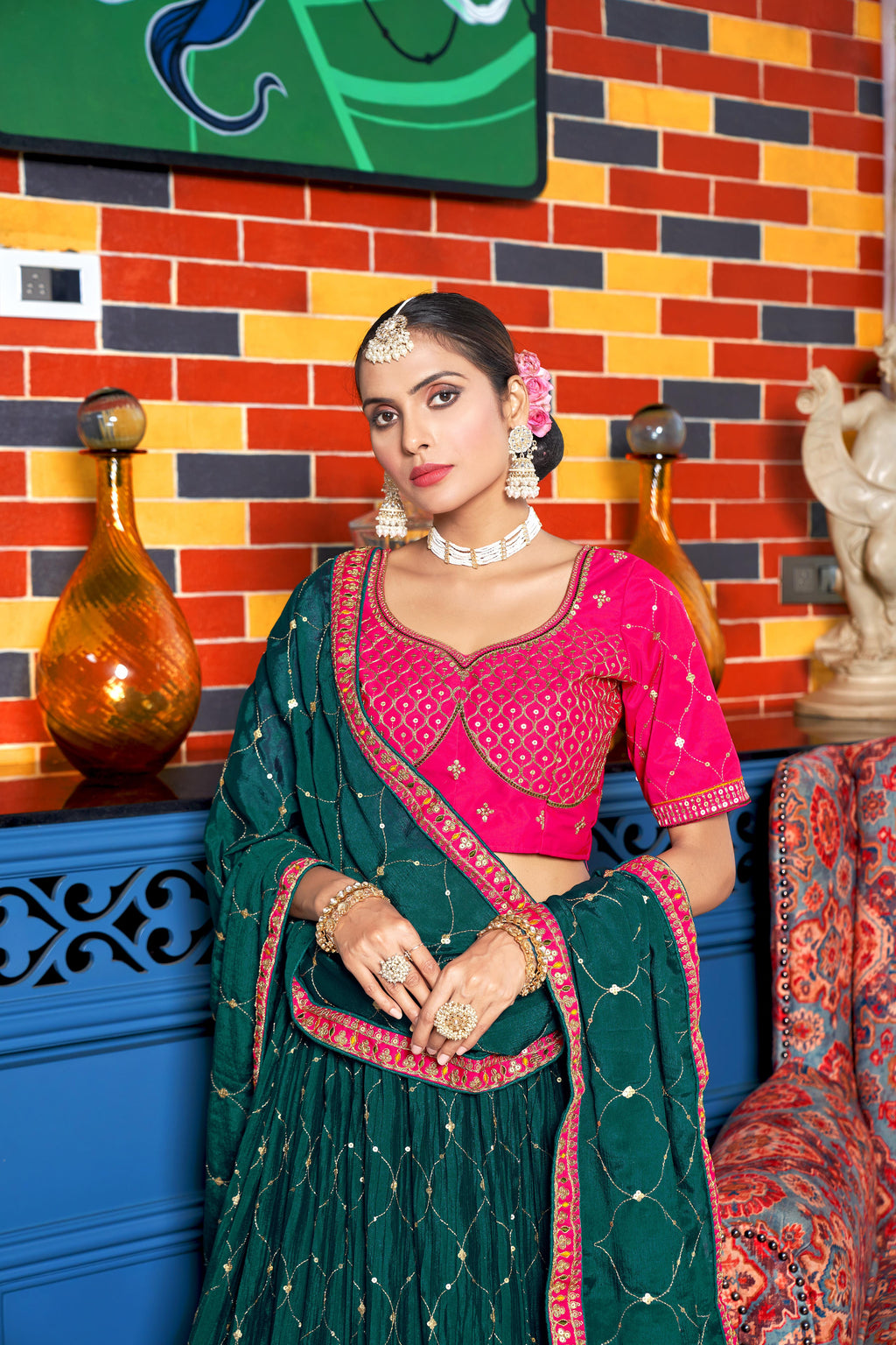 Rama Heavy Chinon Crushed Embroidery Semi Stitch Lehenga Choli