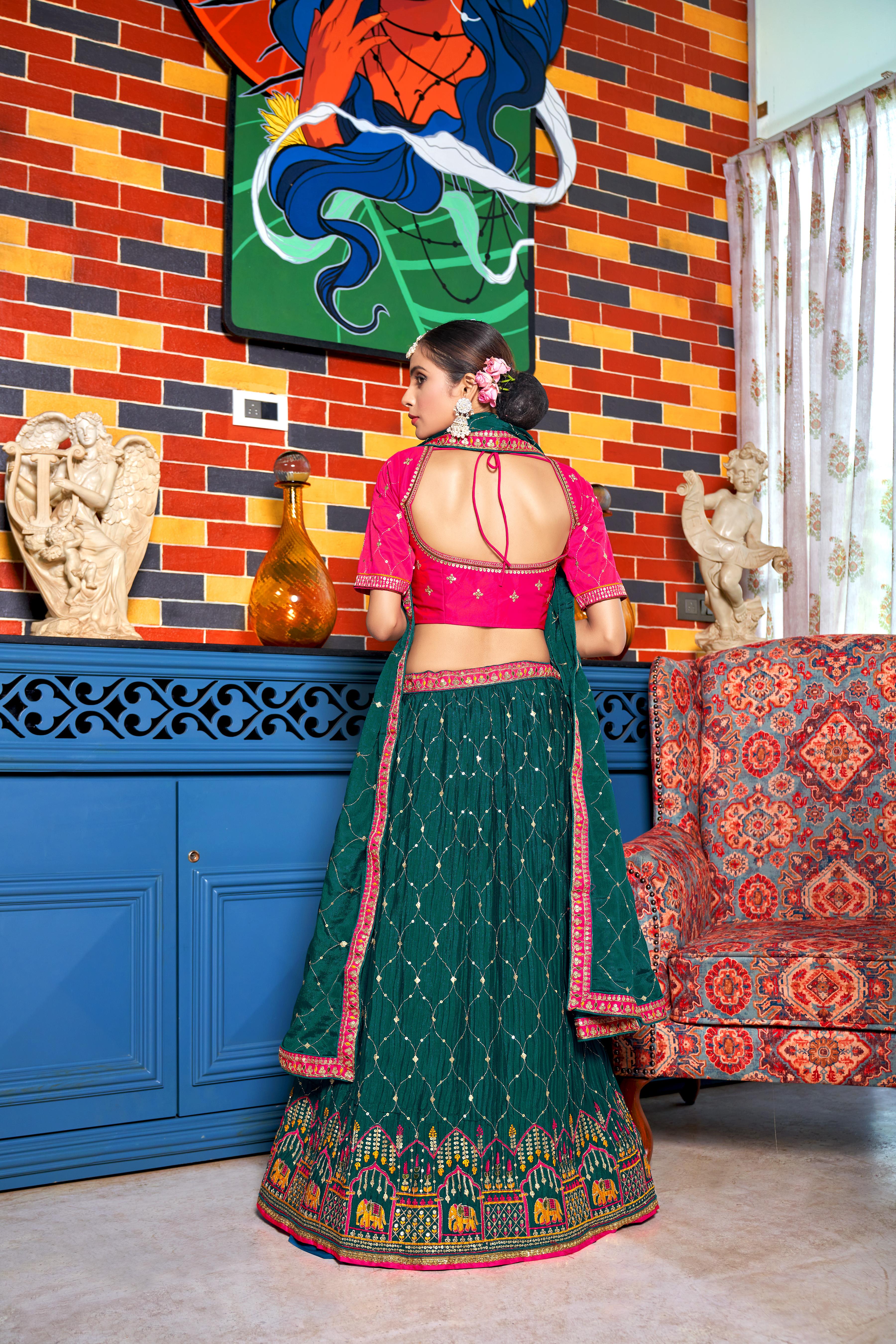 Rama Heavy Chinon Crushed Embroidery Semi Stitch Lehenga Choli