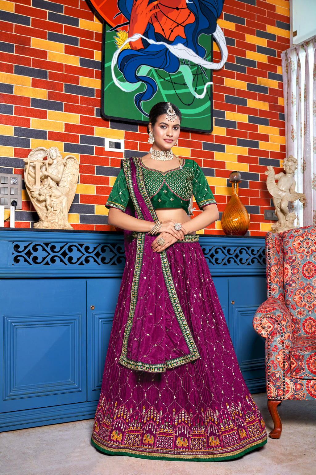 Wine  Heavy Chinon Crushed Embroidery Semi Stitch Lehenga Choli