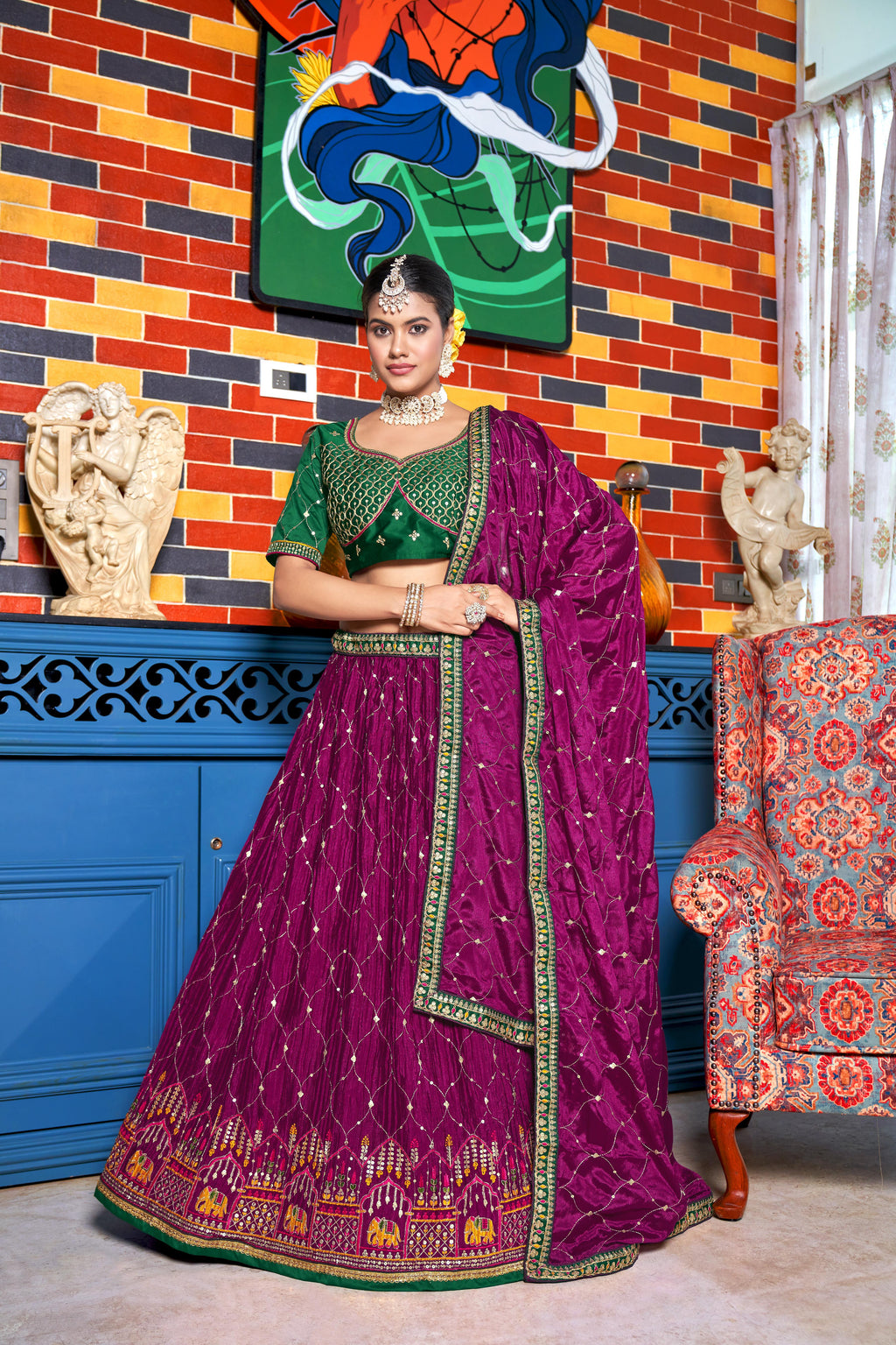 Wine  Heavy Chinon Crushed Embroidery Semi Stitch Lehenga Choli