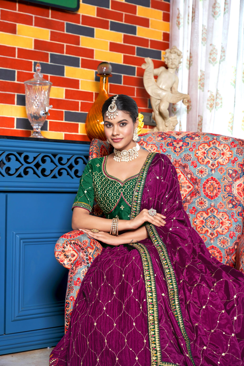 Wine  Heavy Chinon Crushed Embroidery Semi Stitch Lehenga Choli