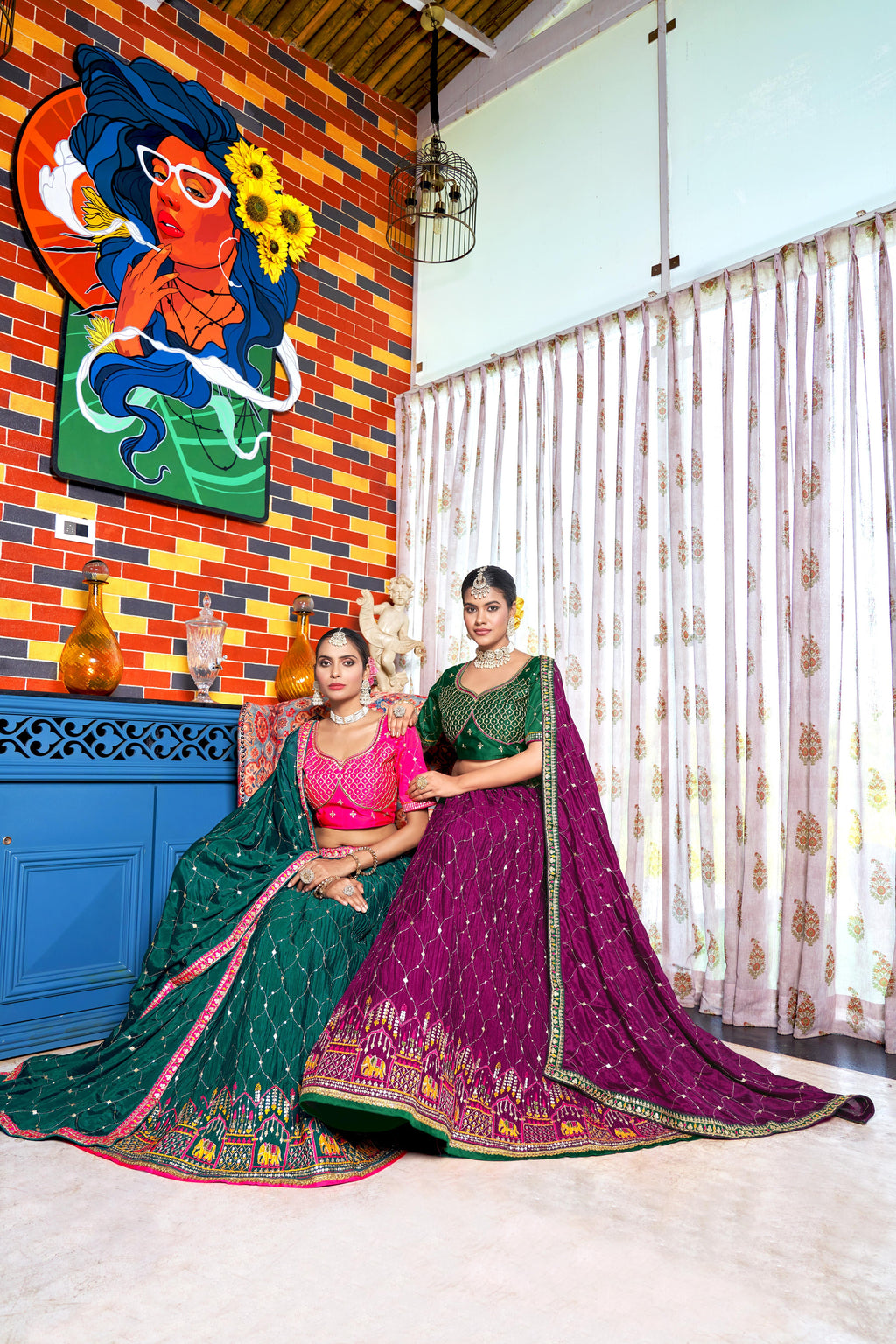 Wine  Heavy Chinon Crushed Embroidery Semi Stitch Lehenga Choli