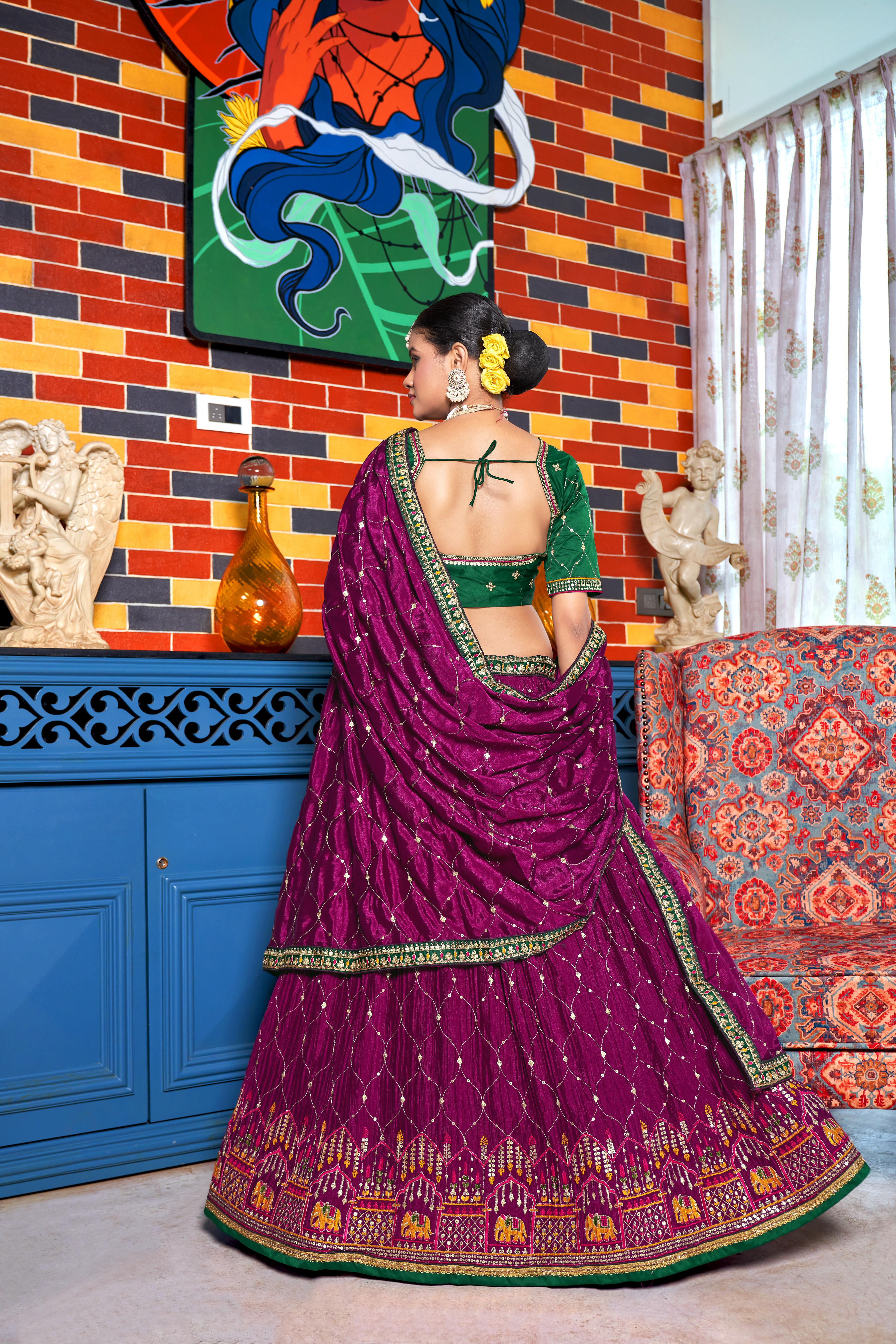 Wine  Heavy Chinon Crushed Embroidery Semi Stitch Lehenga Choli