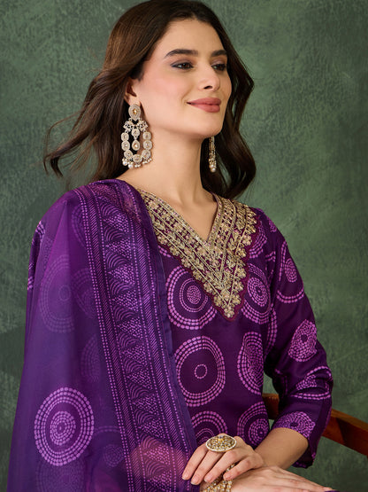 Purple Printed Kurta Set with Dupatta