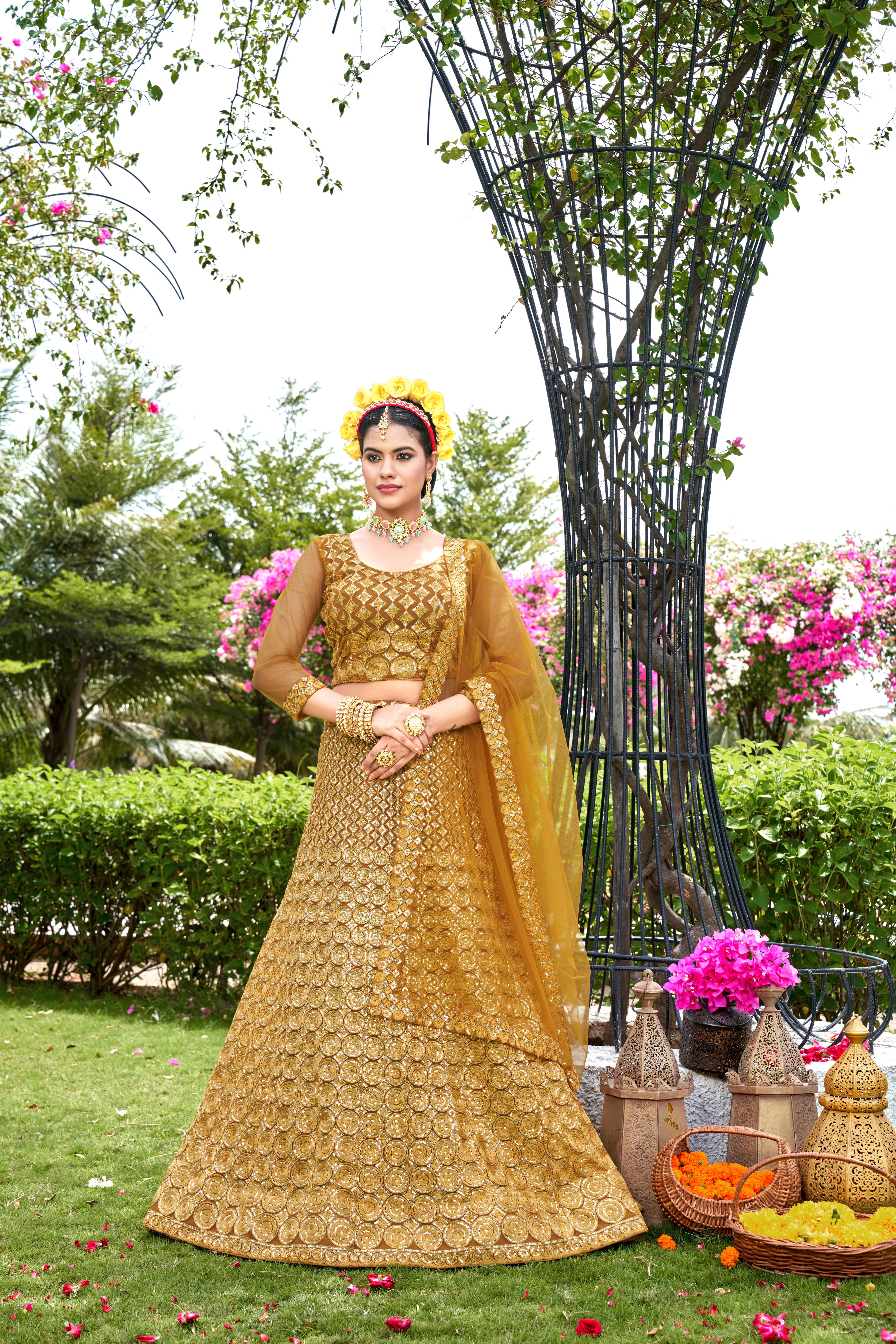 Yellow Net With Embroidered Work Semi Stitch Lehenga Choli