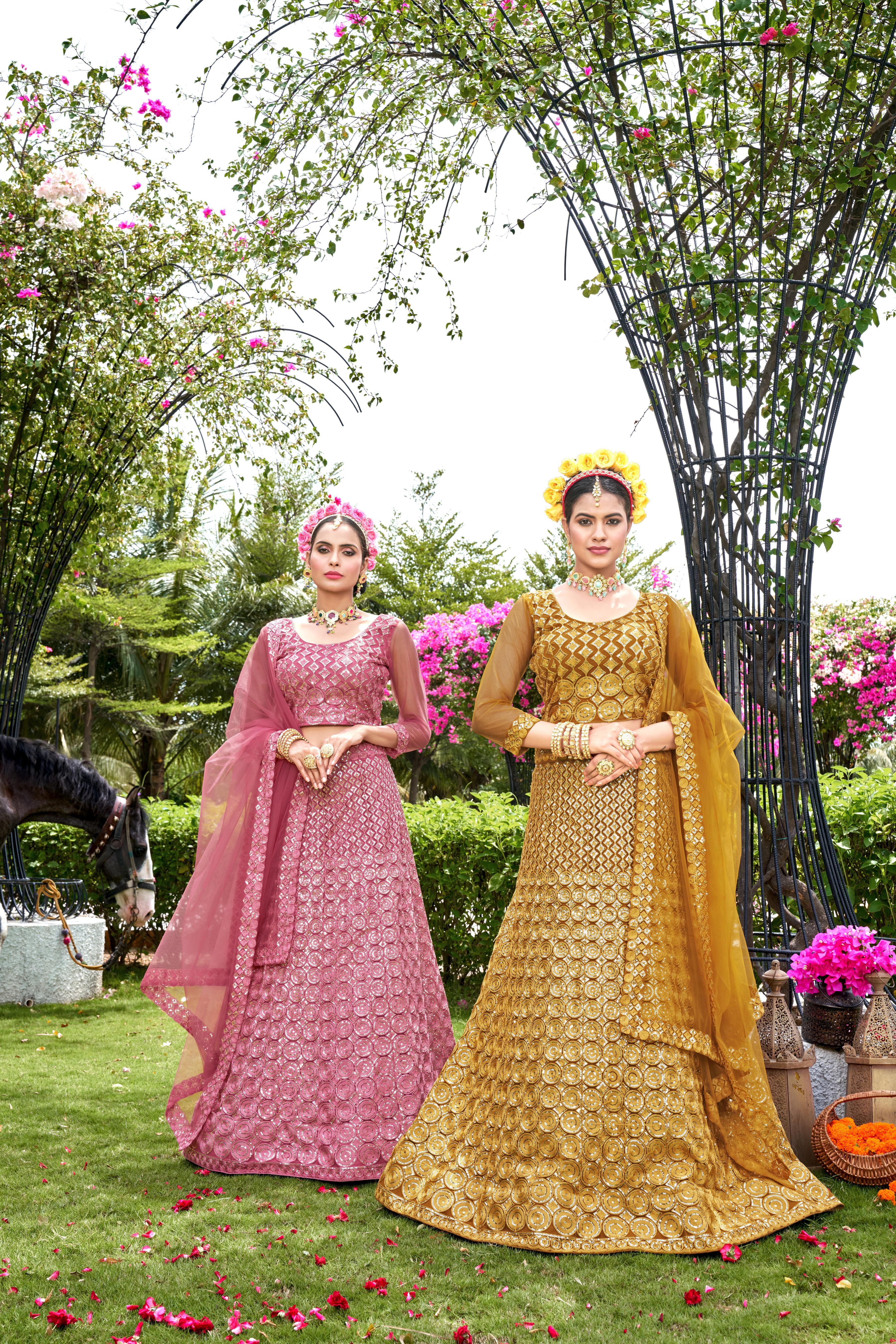 Yellow Net With Embroidered Work Semi Stitch Lehenga Choli