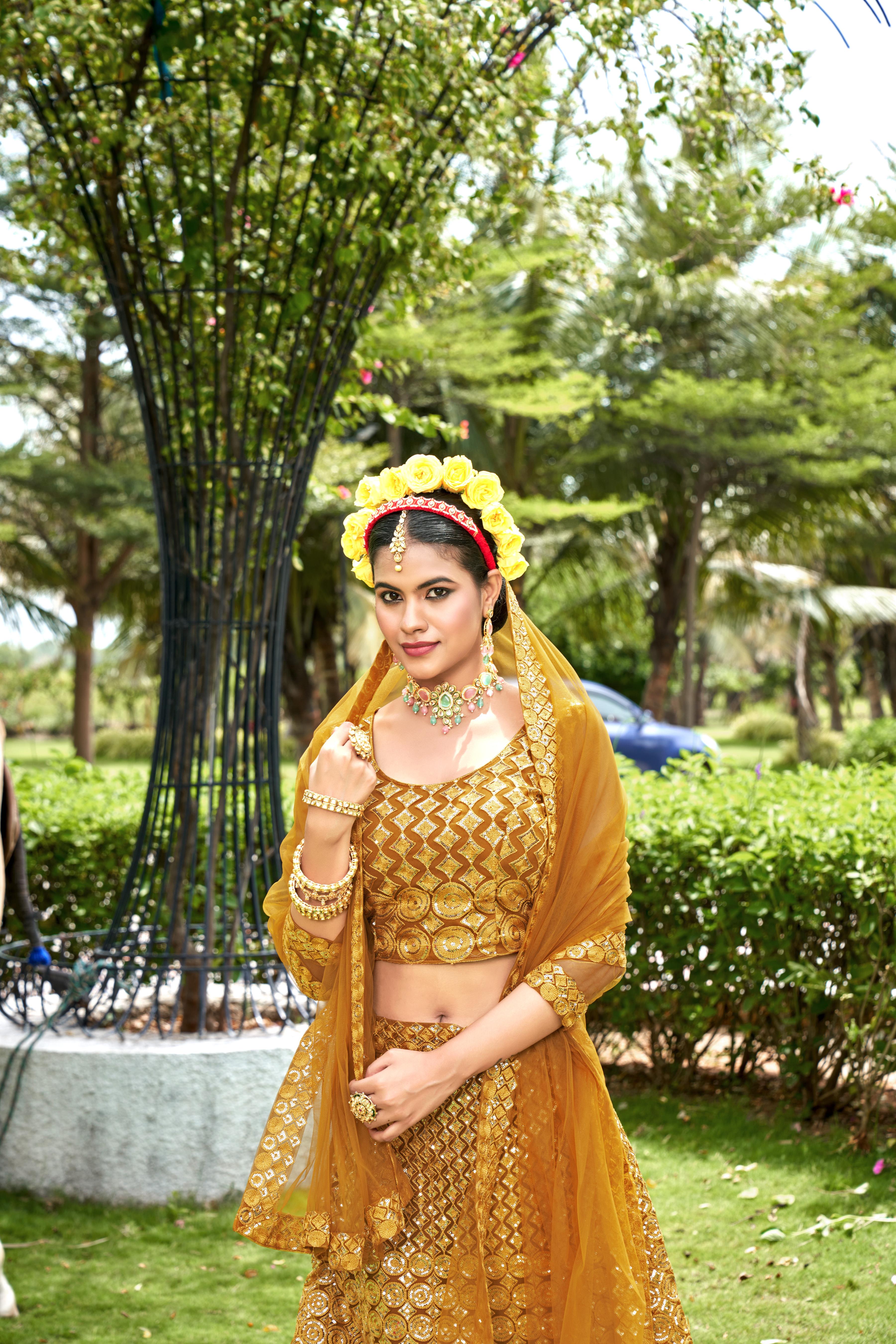 Yellow Net With Embroidered Work Semi Stitch Lehenga Choli