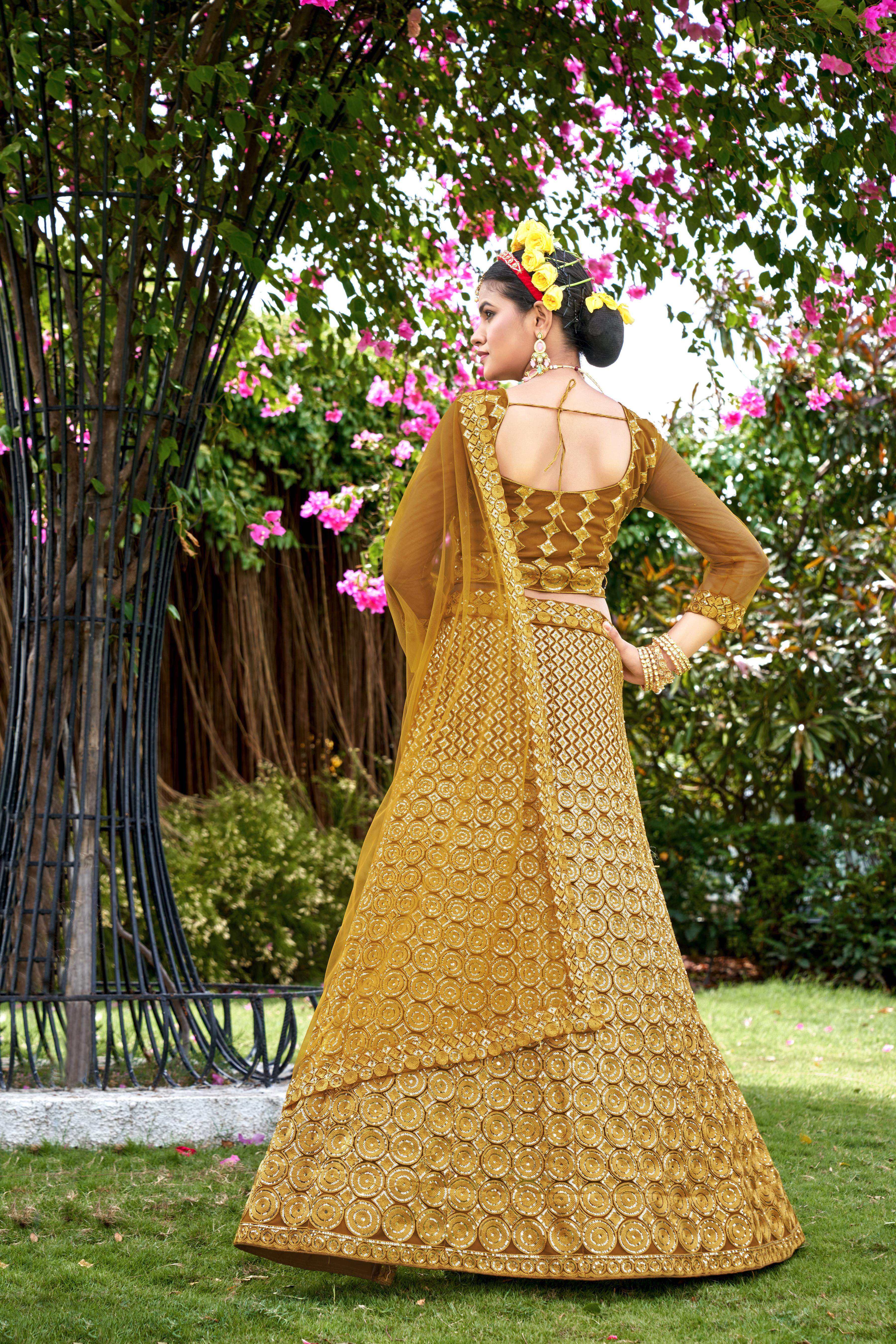 Yellow Net With Embroidered Work Semi Stitch Lehenga Choli