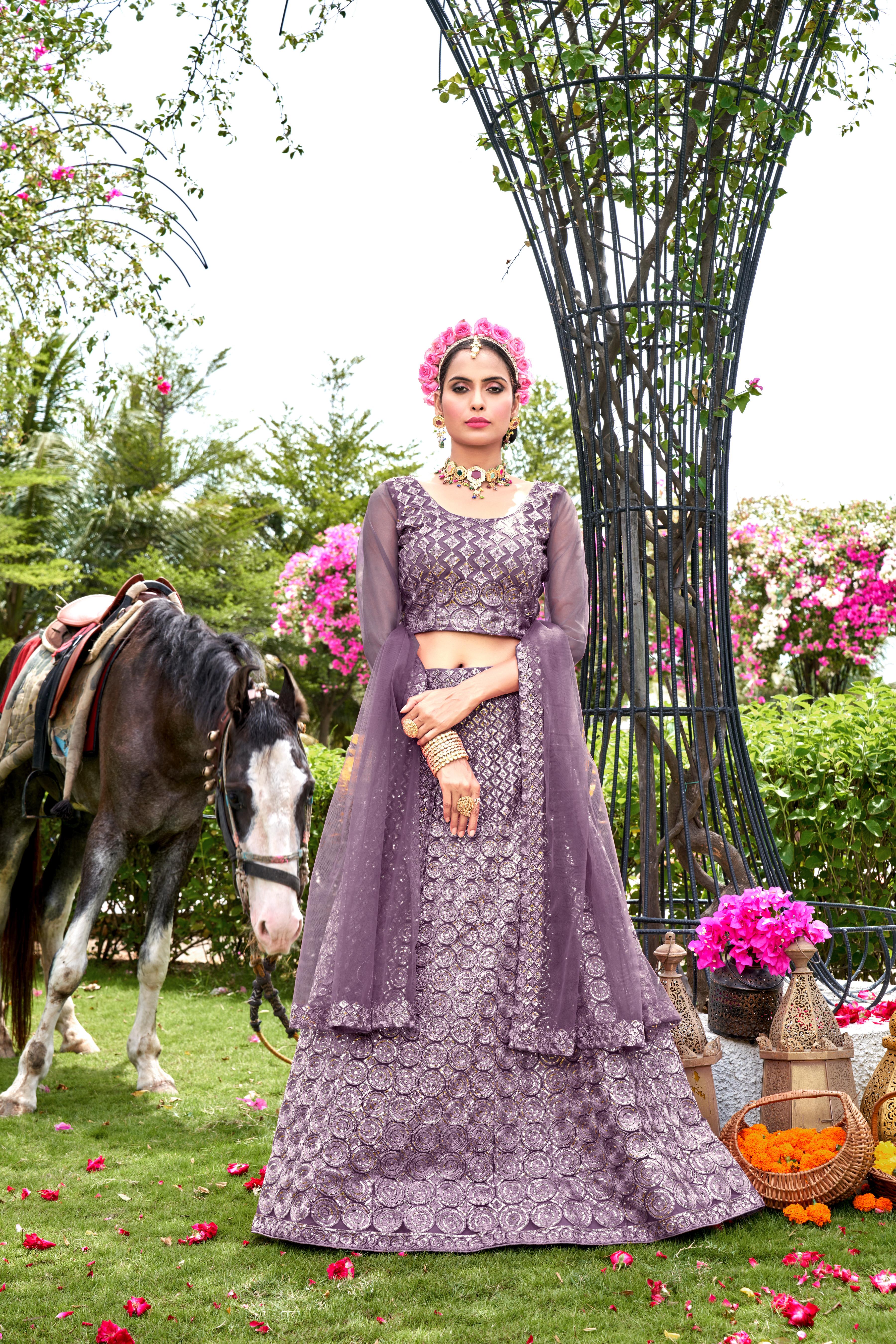 Purple Net Lehenga Choli – Elegant Traditional Outfit for Weddings & Festive Occasions Semi-Stitched