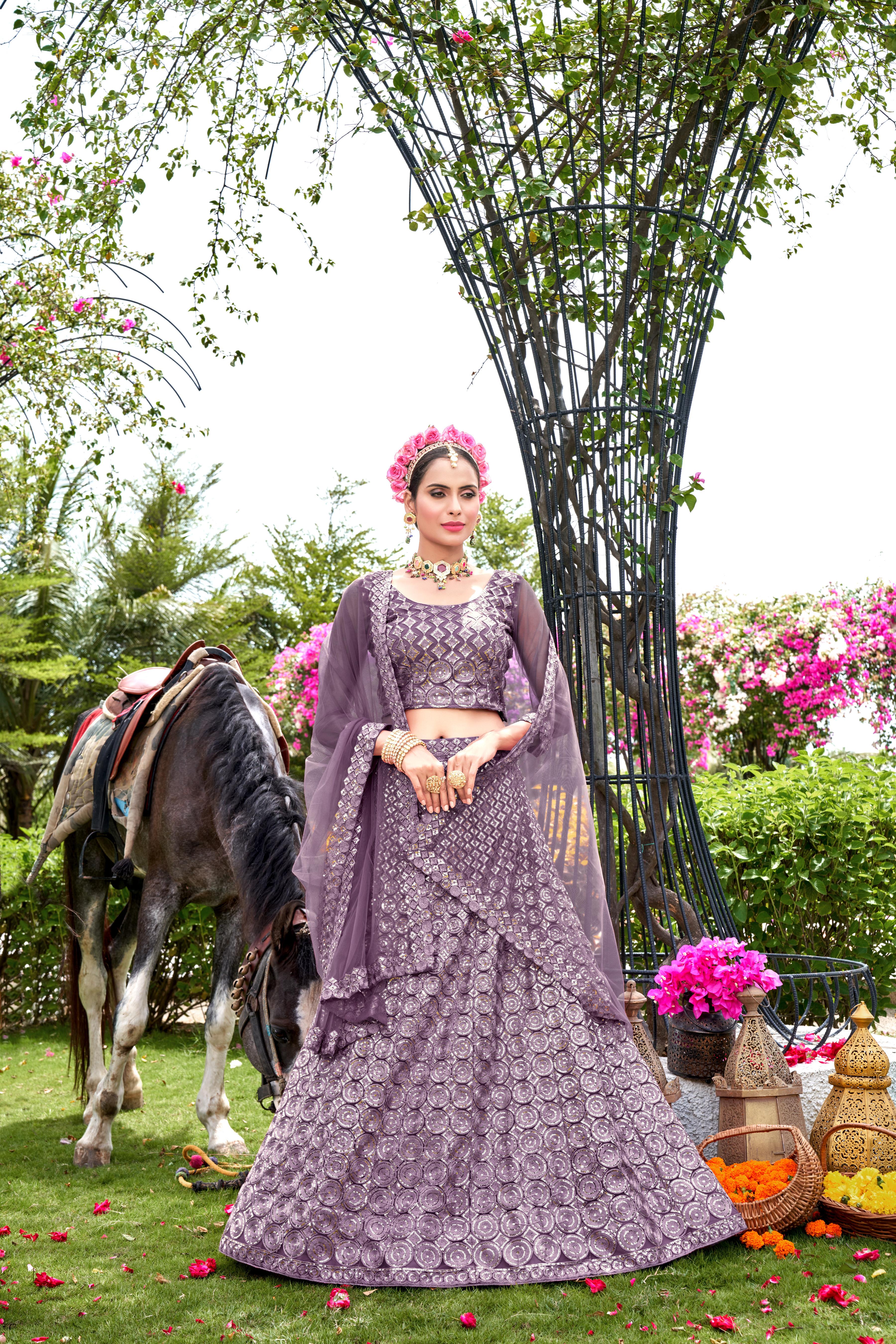Purple Net Lehenga Choli – Elegant Traditional Outfit for Weddings & Festive Occasions Semi-Stitched