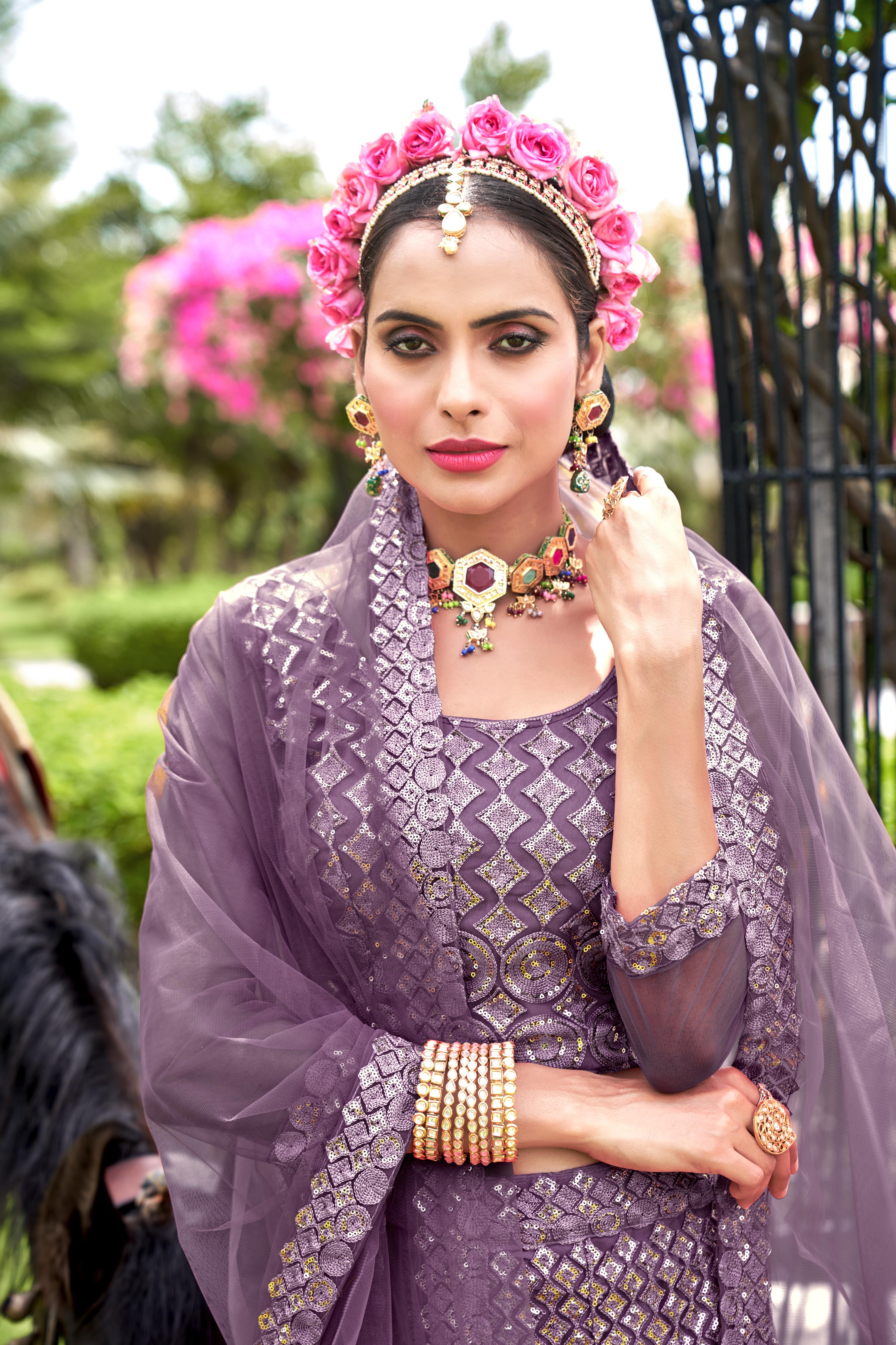 Purple Net Lehenga Choli – Elegant Traditional Outfit for Weddings & Festive Occasions Semi-Stitched