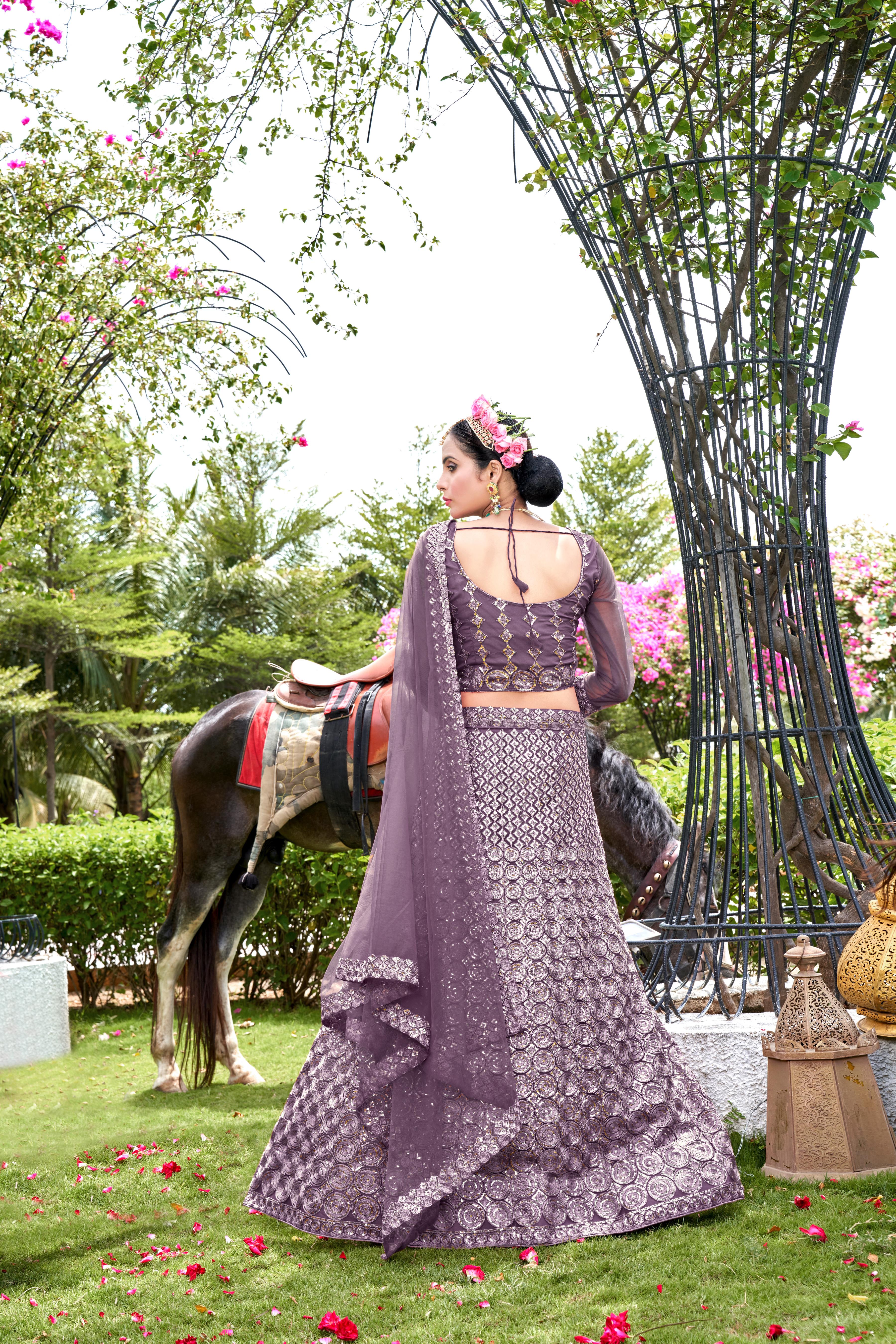 Purple Net Lehenga Choli – Elegant Traditional Outfit for Weddings & Festive Occasions Semi-Stitched