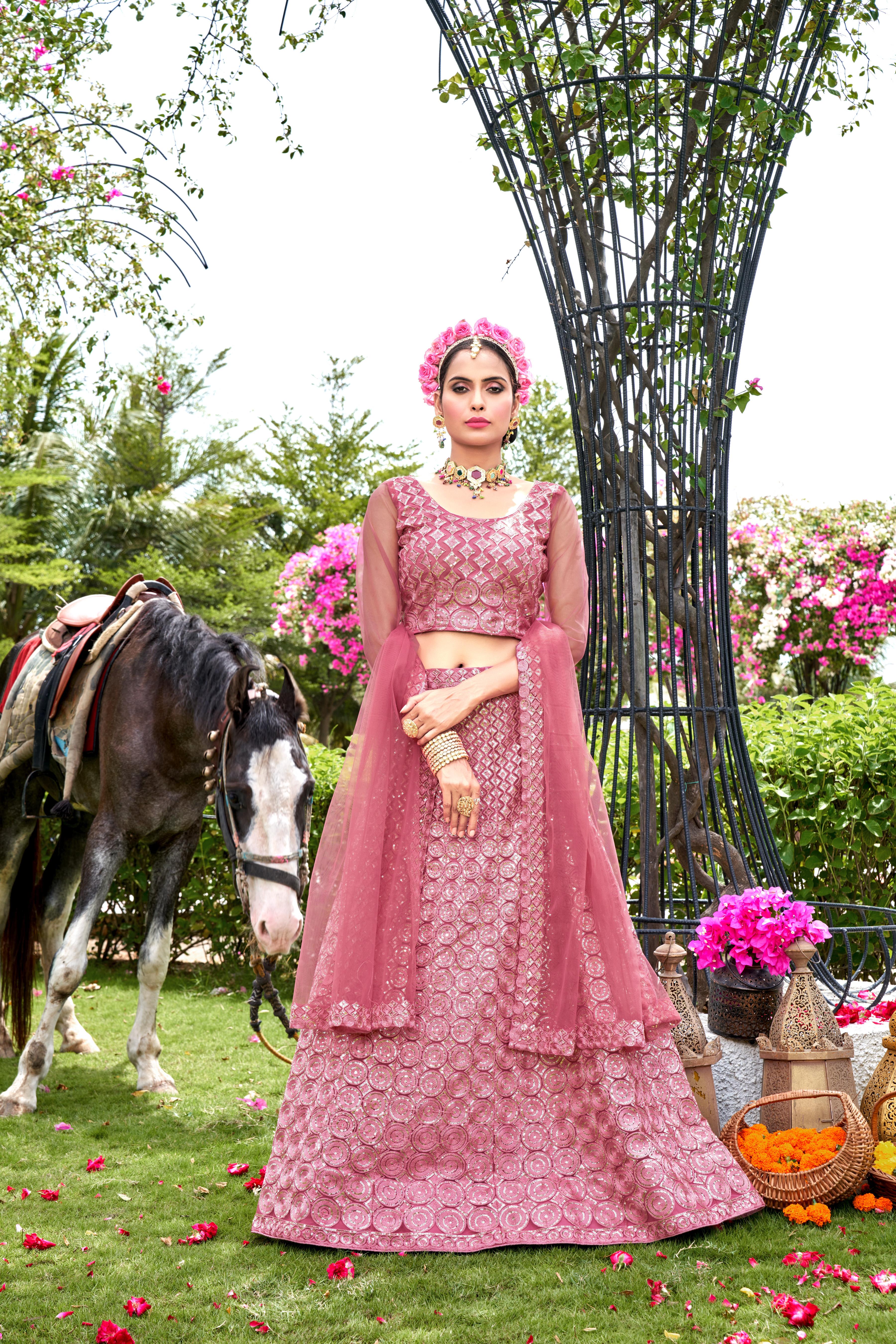 Pink Net Lehenga Choli – Stylish Traditional Outfit for Weddings & Celebrations Semi-Stitched